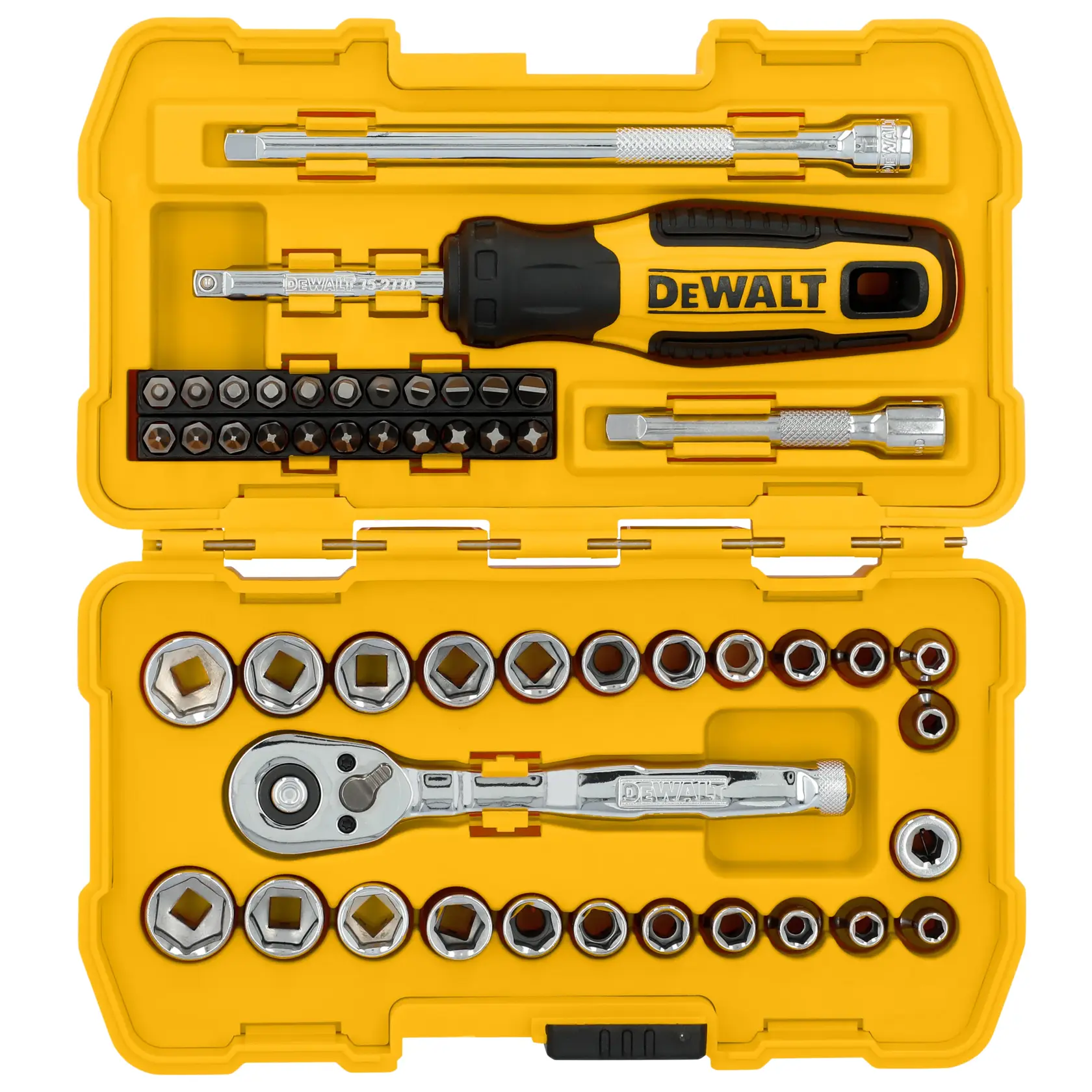 A yellow DEWALT branded tool kit containing a ratchet, screwdriver, various socket attachments, extension bars, and bits. The tools are neatly organized inside the hard plastic case, which is open and viewed from above.