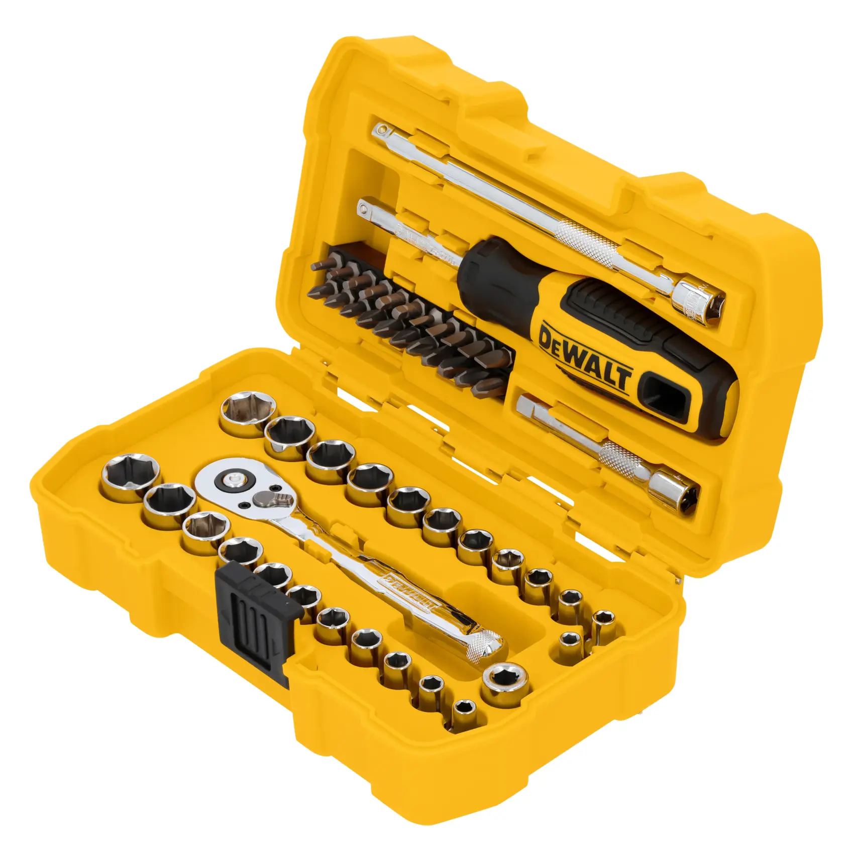 A yellow DEWALT-branded tool set with an assortment of sockets, bits, a ratchet, extension bars, and a screwdriver, neatly organized in a hard plastic carrying case.