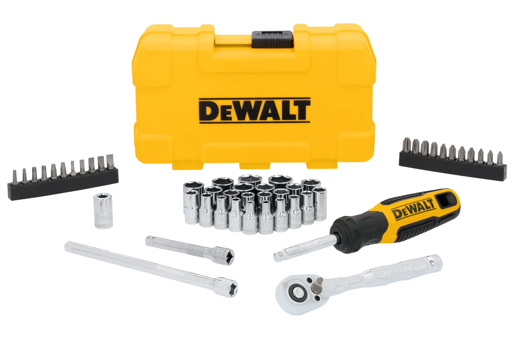 A DEWALT tool set including a yellow carrying case, assorted sockets, screwdriver bits, a ratchet, a screwdriver handle, and extension bars, arranged neatly on a white background.