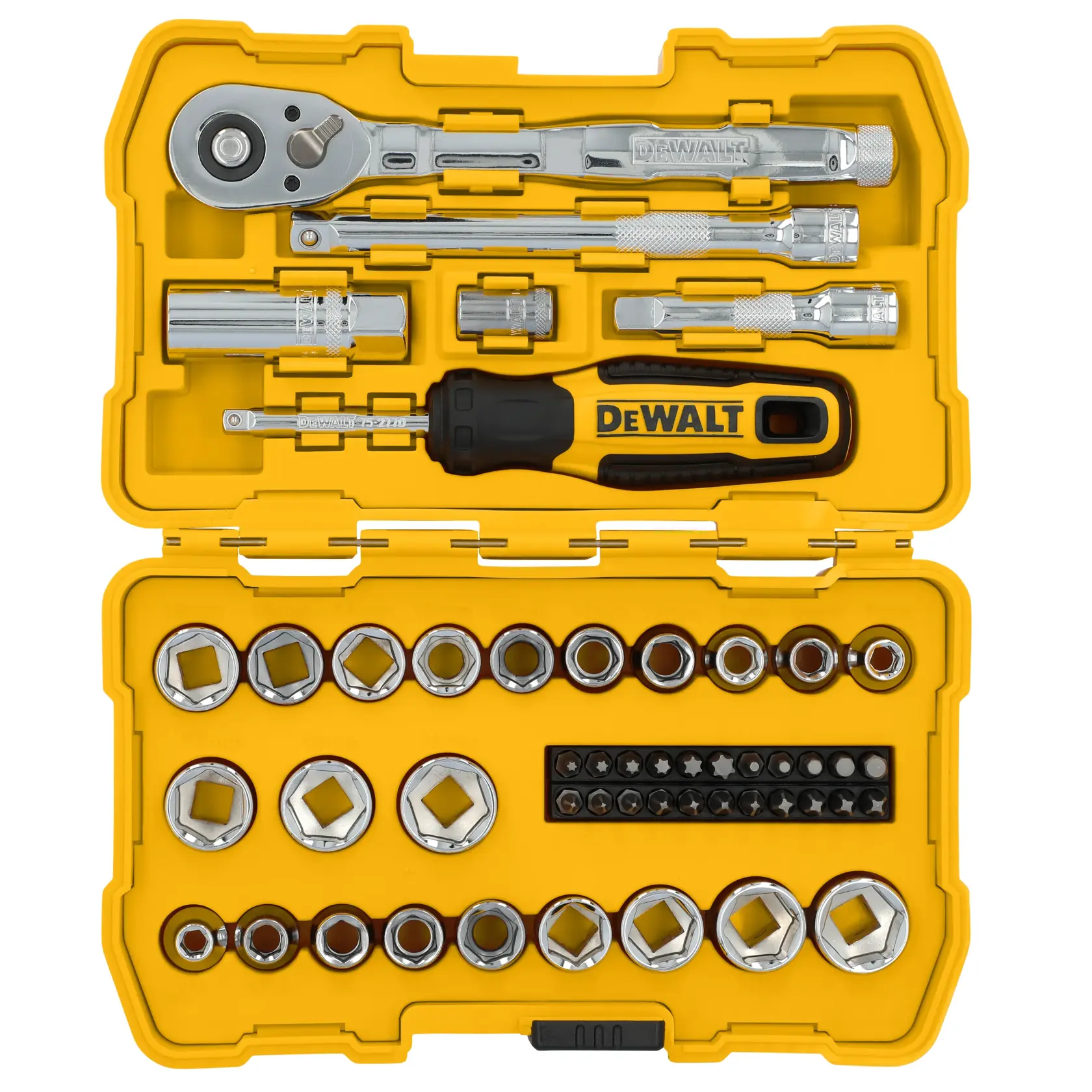 A yellow DEWALT branded tool kit is open, displaying various sockets, a ratchet, screwdriver handle, extension bars, bits, and other hand tools organized neatly in compartments.