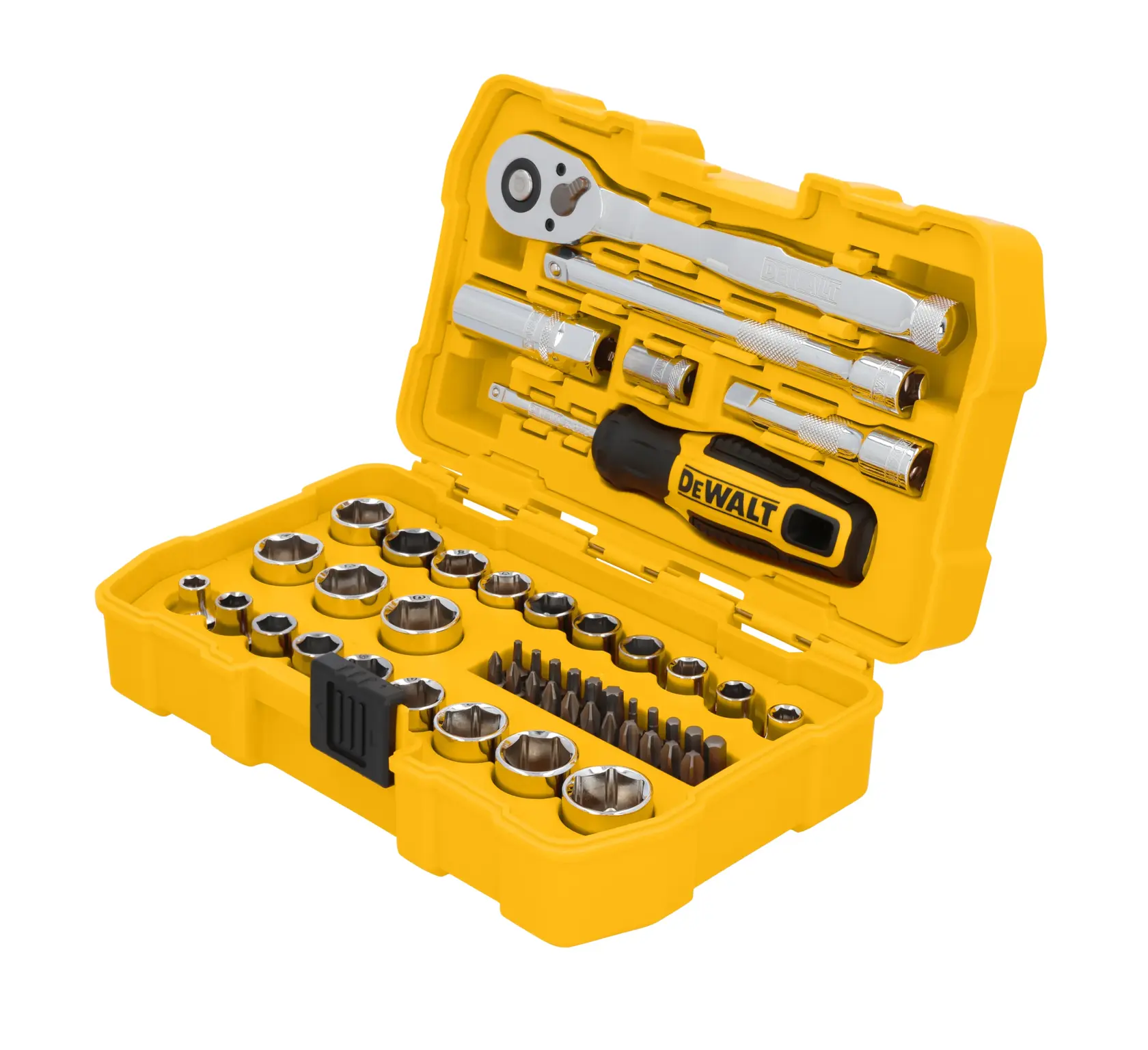 A yellow DEWALT branded toolkit with an open case displaying a variety of sockets, screwdriver bits, and a ratchet wrench.
