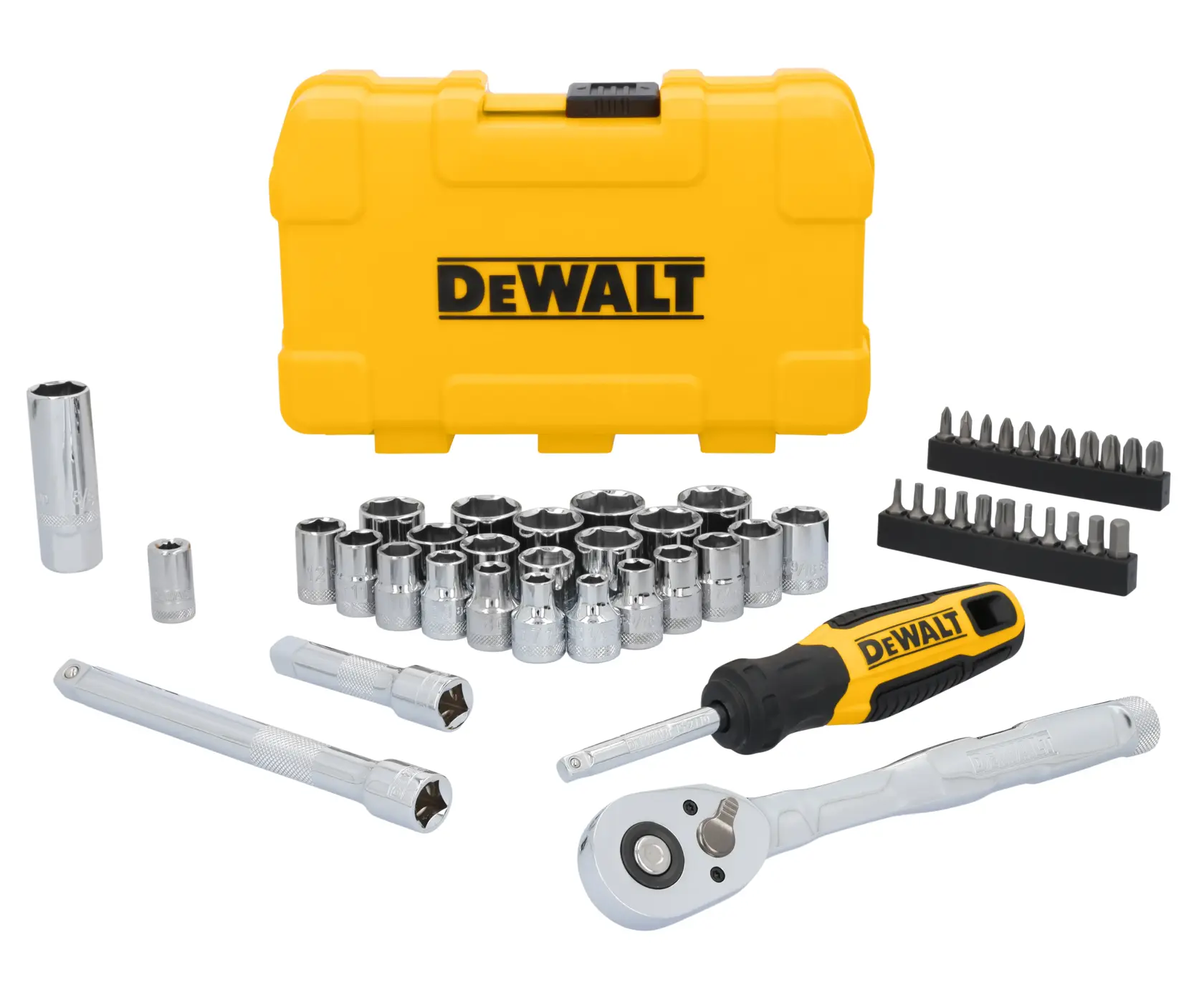 A DEWALT socket and ratchet set displayed with a yellow carrying case, various chrome sockets, extension bars, a ratchet wrench, a screwdriver handle, and two racks of bits.