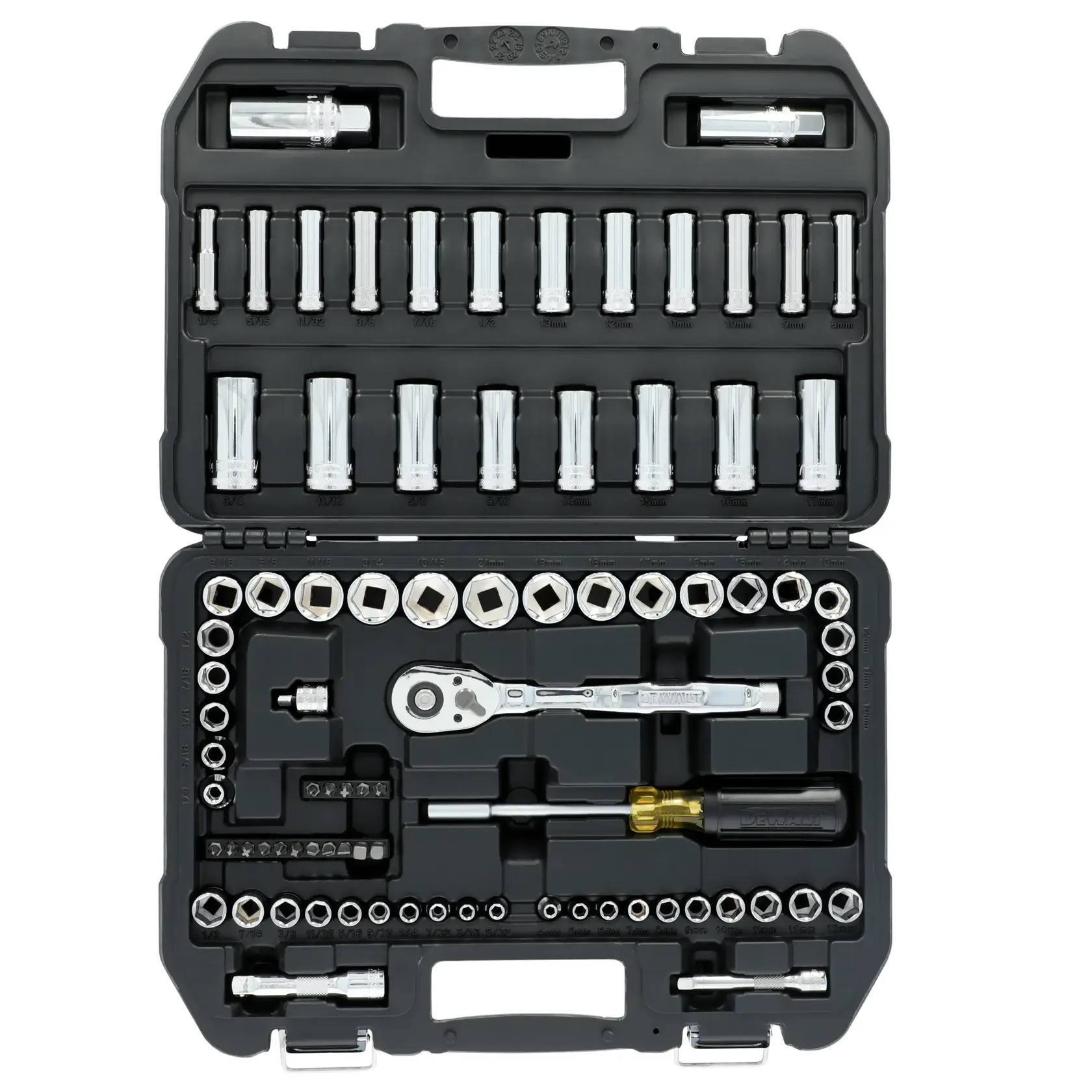 A DEWALT socket and ratchet set displayed in a black hard plastic carrying case. The set includes a variety of chrome sockets, a ratchet wrench, screwdriver handle, and multiple accessories, all neatly organized in compartments.
