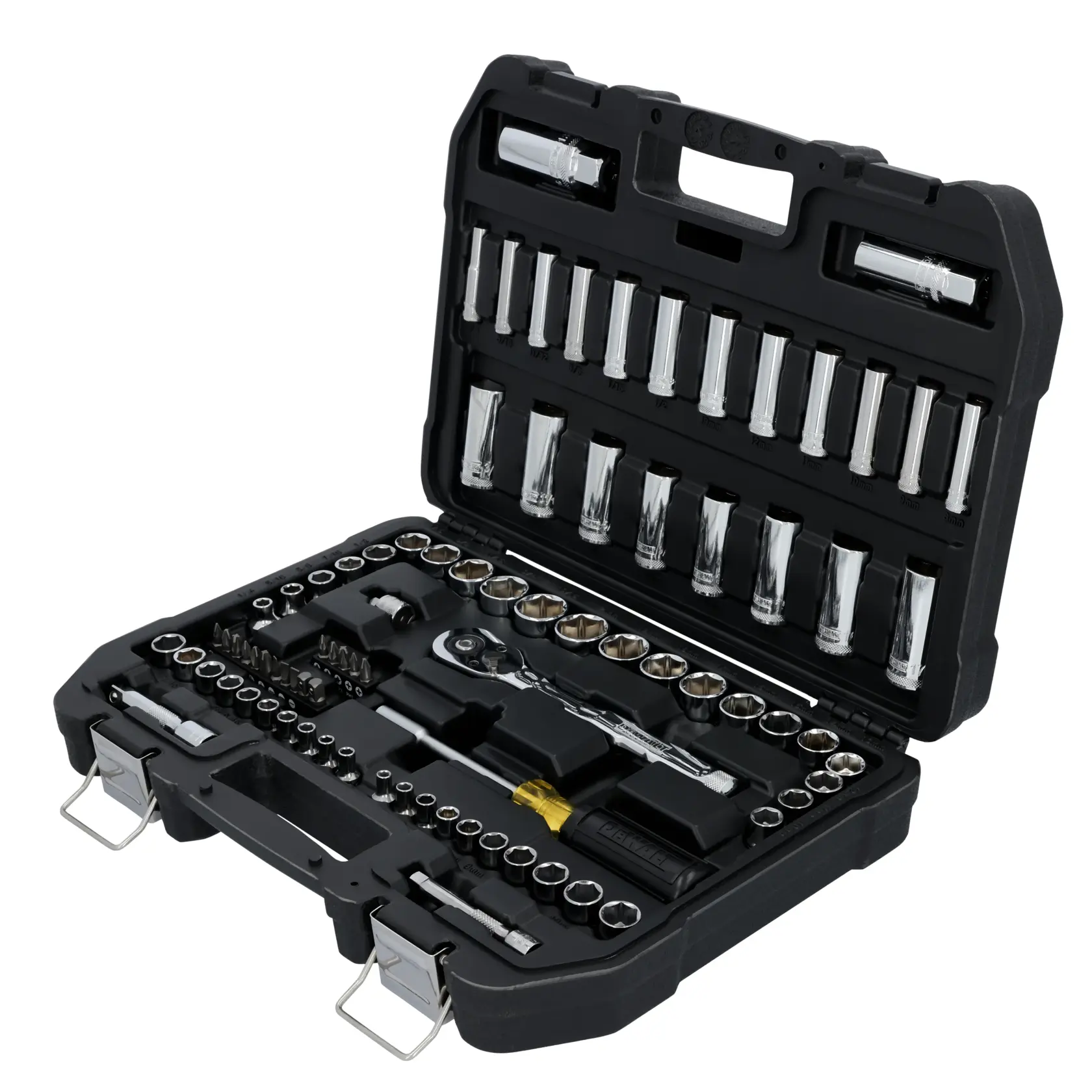 A DEWALT socket and ratchet set with a variety of sockets, ratchets, and accessories displayed in an open black hard plastic carrying case.
