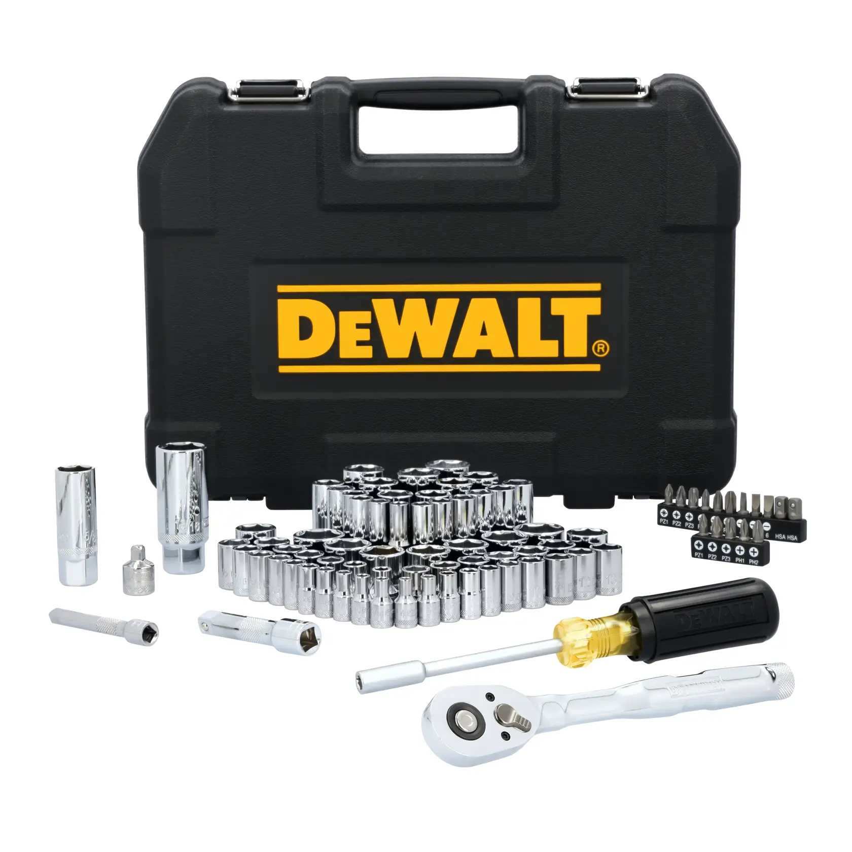 A DEWALT branded black hard carrying case with a set of chrome socket tools, a ratchet, screwdriver, extension bars, and a collection of bits arranged in front of the case.