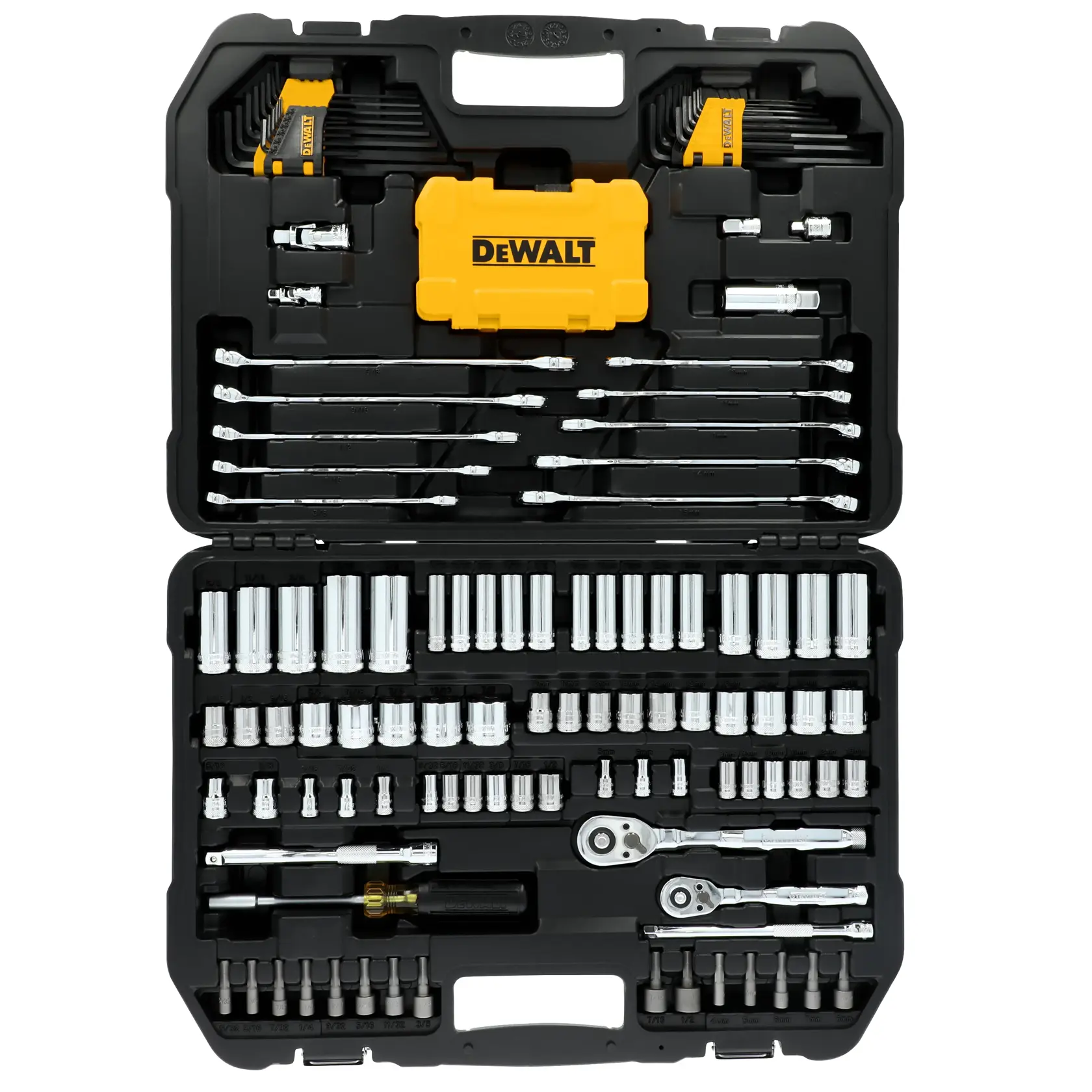 A DEWALT-branded black carrying case opened to display a complete socket and ratchet tool set, including various chrome sockets, ratchets, extensions, screwdriver bits, and a yellow DEWALT storage box.
