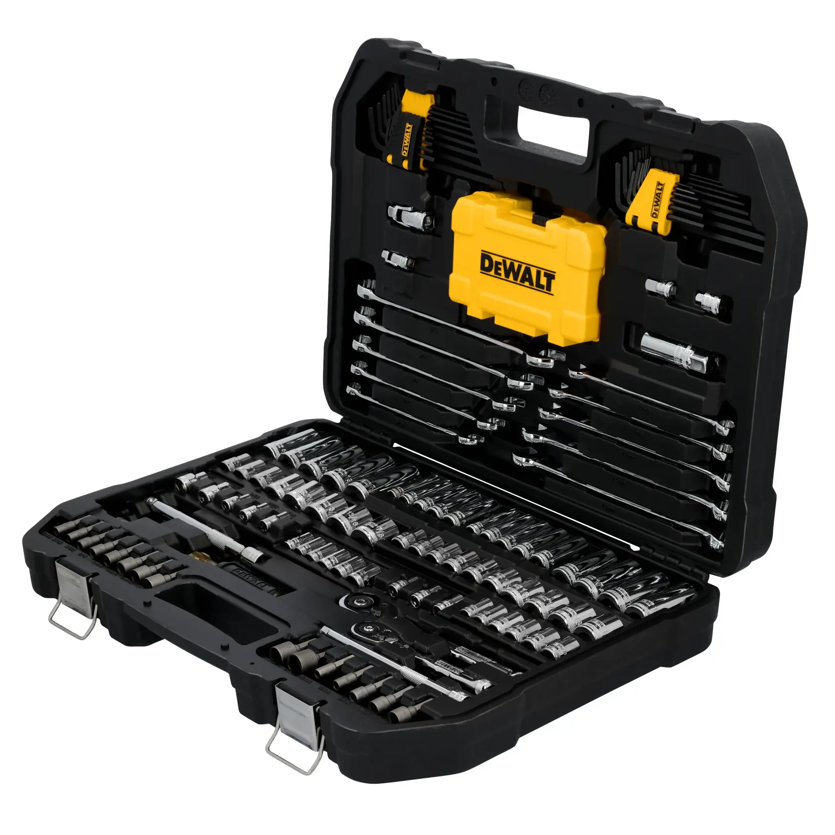 A black DEWALT hard case containing a comprehensive set of hand tools, including sockets, wrenches, ratchets, bits, and accessories neatly organized inside.