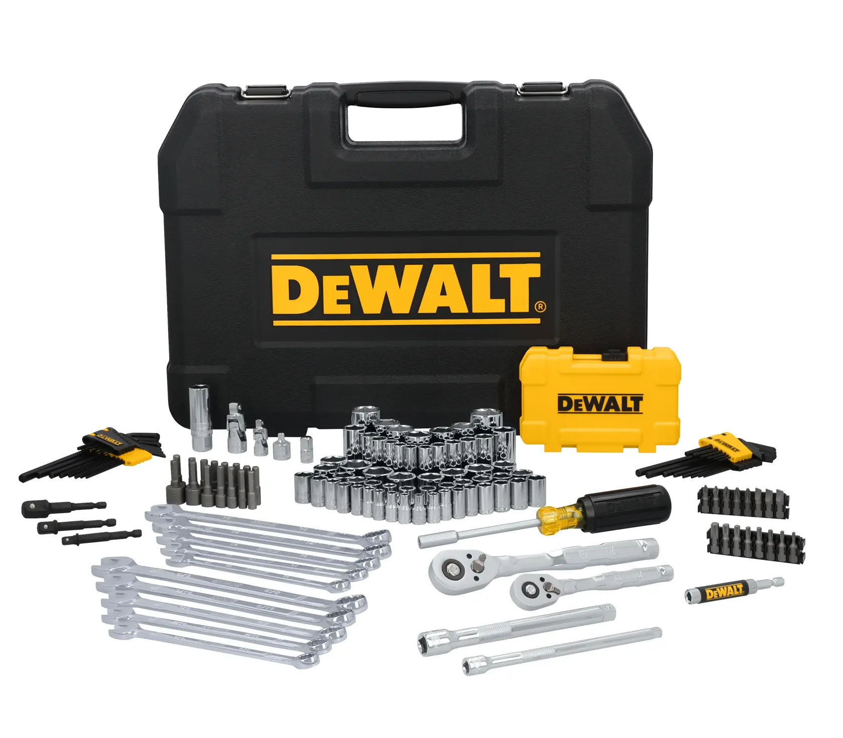 A DEWALT socket and ratchet tool set with multiple wrenches, sockets, screwdriver bits, and attachments displayed in front of a black carrying case with a yellow DEWALT logo.