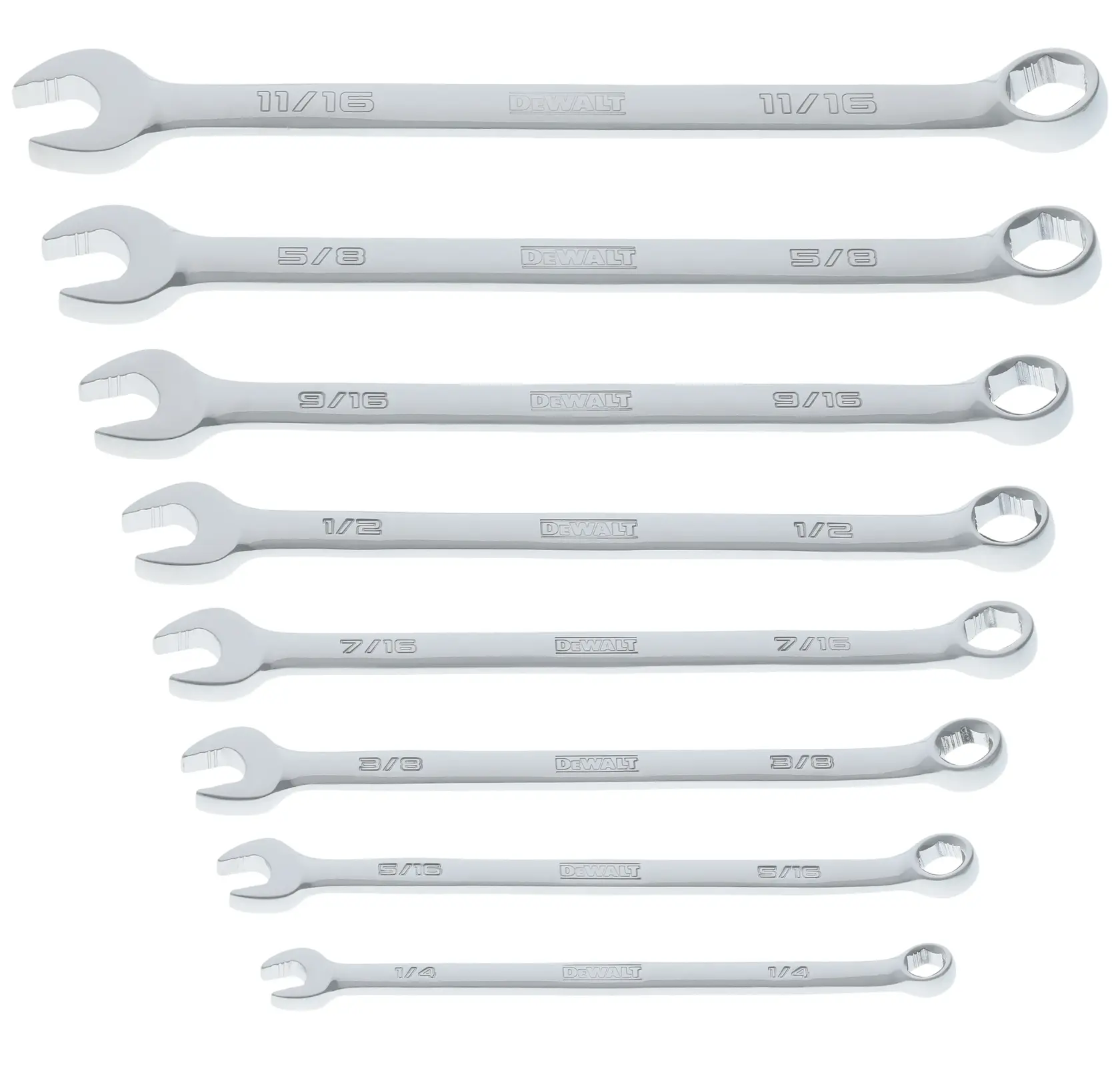 A set of eight DEWALT combination wrenches in various standard sizes, arranged in a row. Each wrench has an open end and a box end, with the size markings and DEWALT branding visible on the handles.
