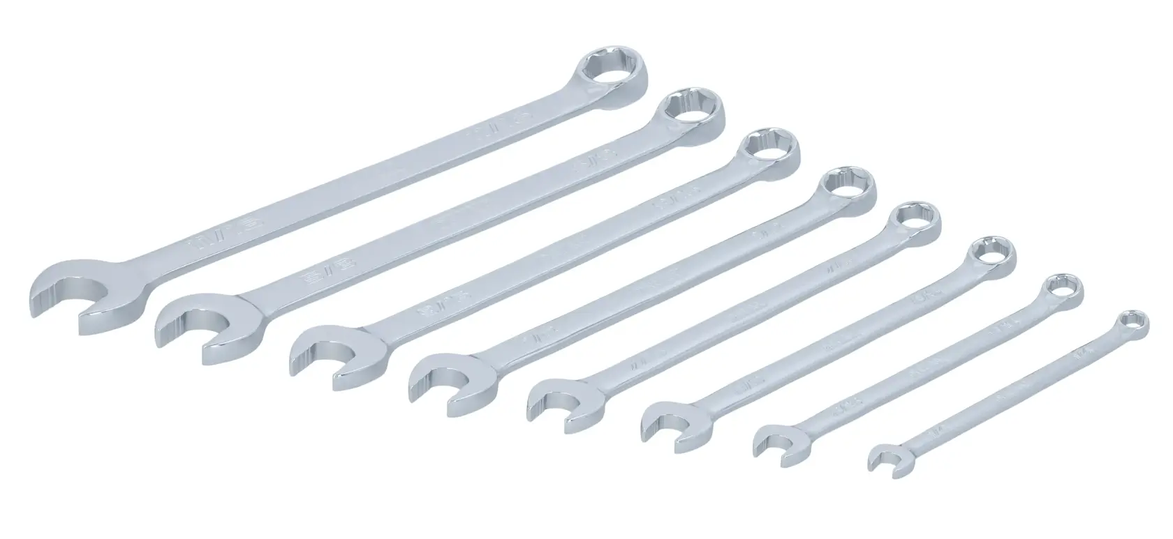 A set of nine chrome combination wrenches of varying sizes are arranged in a row on a white background. Each wrench has an open end and a box end.