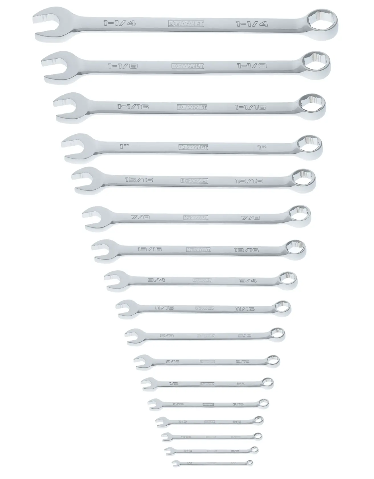A set of sixteen silver-colored DEWALT combination wrenches arranged in a descending size order. Each wrench features an open-end and a box-end, with size markings visible on each tool.