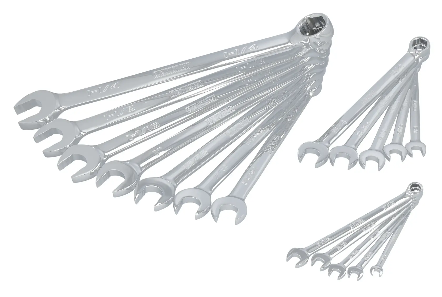 A set of shiny silver combination wrenches in various sizes, arranged in a fanned-out layout on a white background.