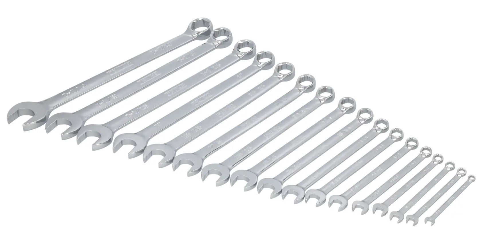 A set of sixteen silver combination wrenches, lined up in order of size from largest to smallest, with both open and box ends visible.