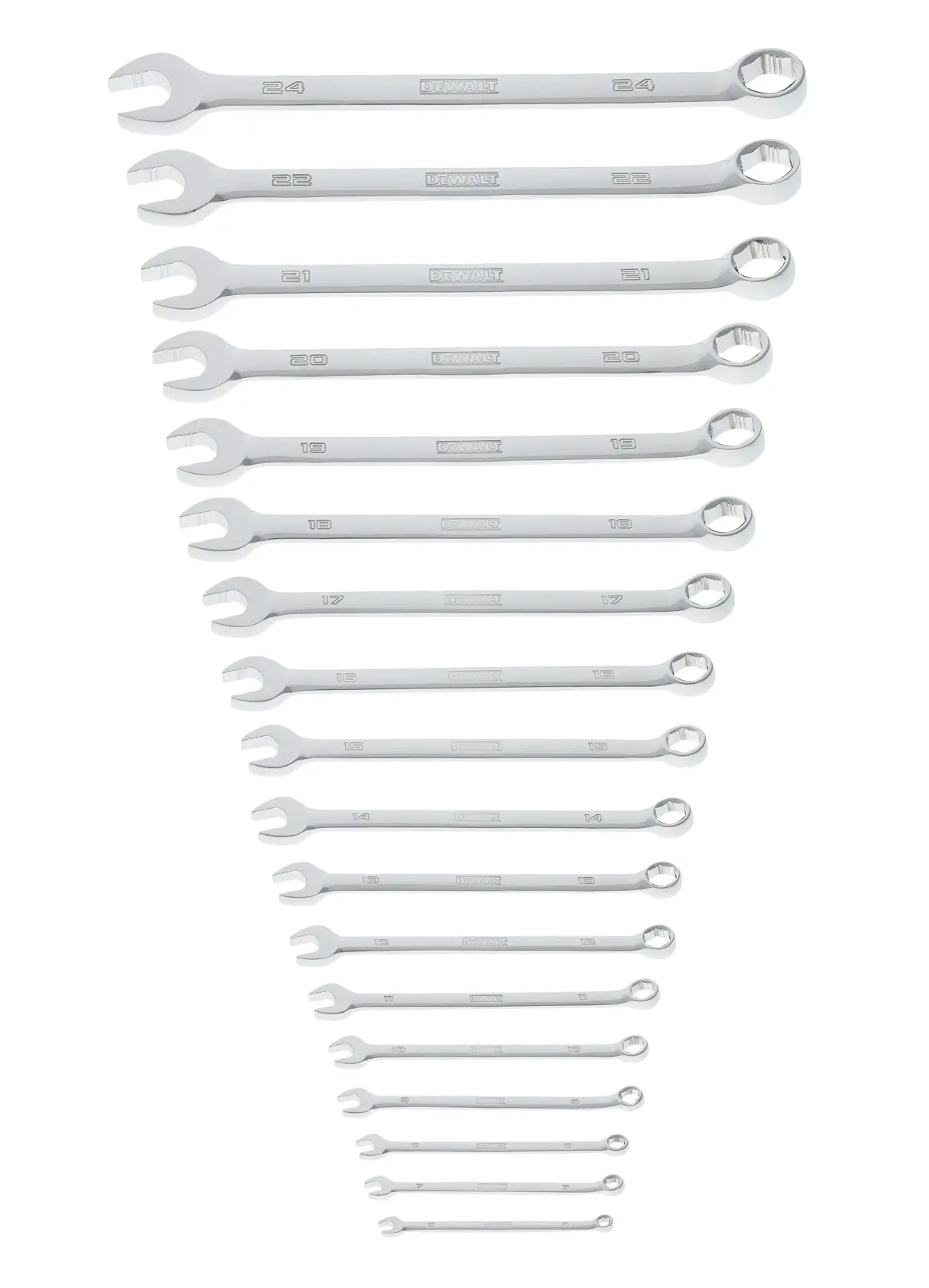 A set of eighteen DEWALT combination wrenches, arranged in a row from largest to smallest. Each wrench has an open end and a box end, and the size is marked on the tool.