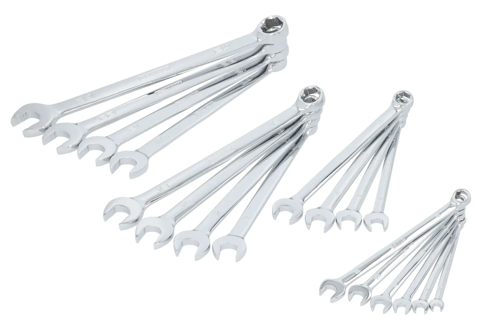 A set of shiny chrome combination wrenches organized in three groups, each group displaying different sizes. The wrenches have an open end and a box end, and are arranged on a white background.