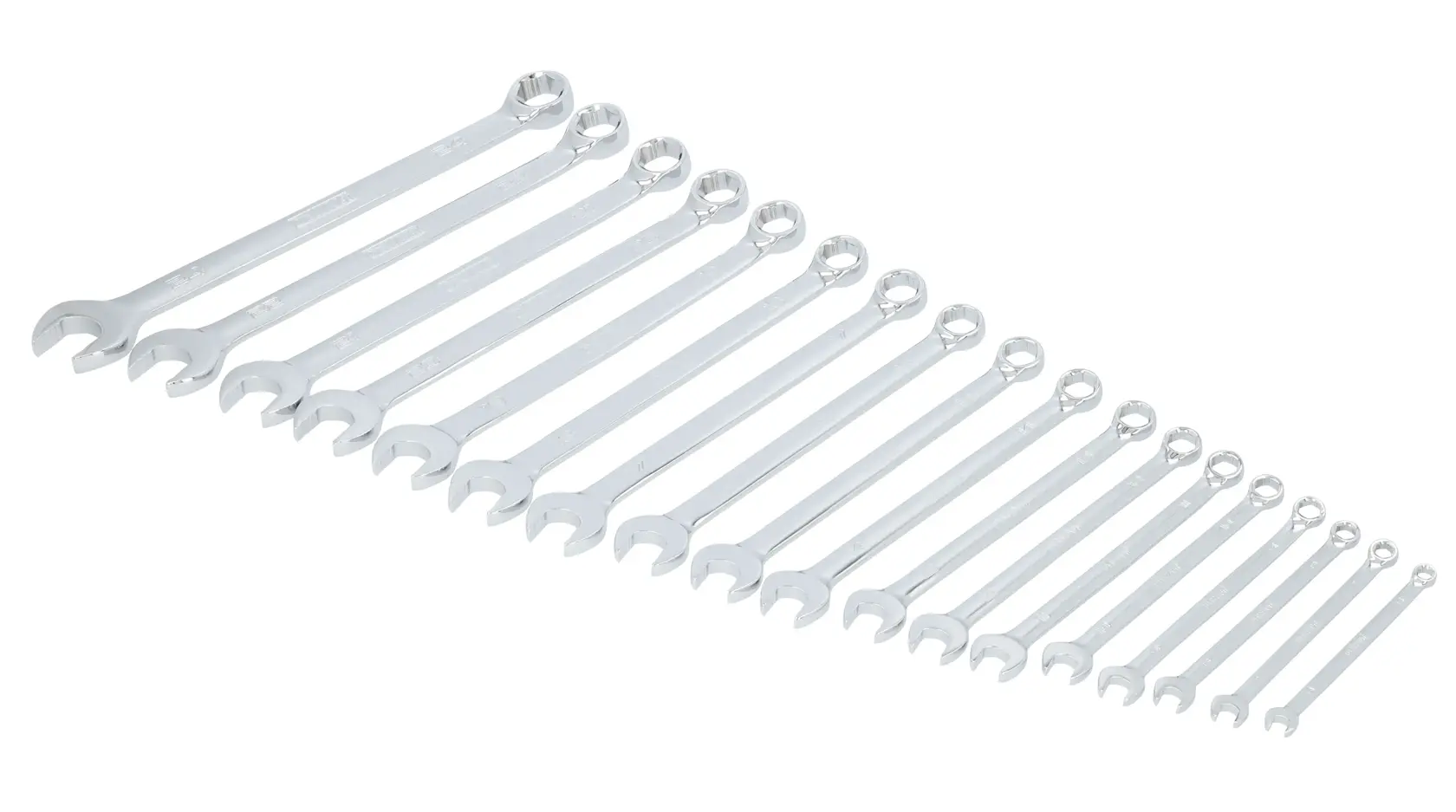 A set of sixteen chrome combination wrenches arranged in a diagonal line from largest to smallest, with open-end and box-end sides visible, used for tightening or loosening nuts and bolts.