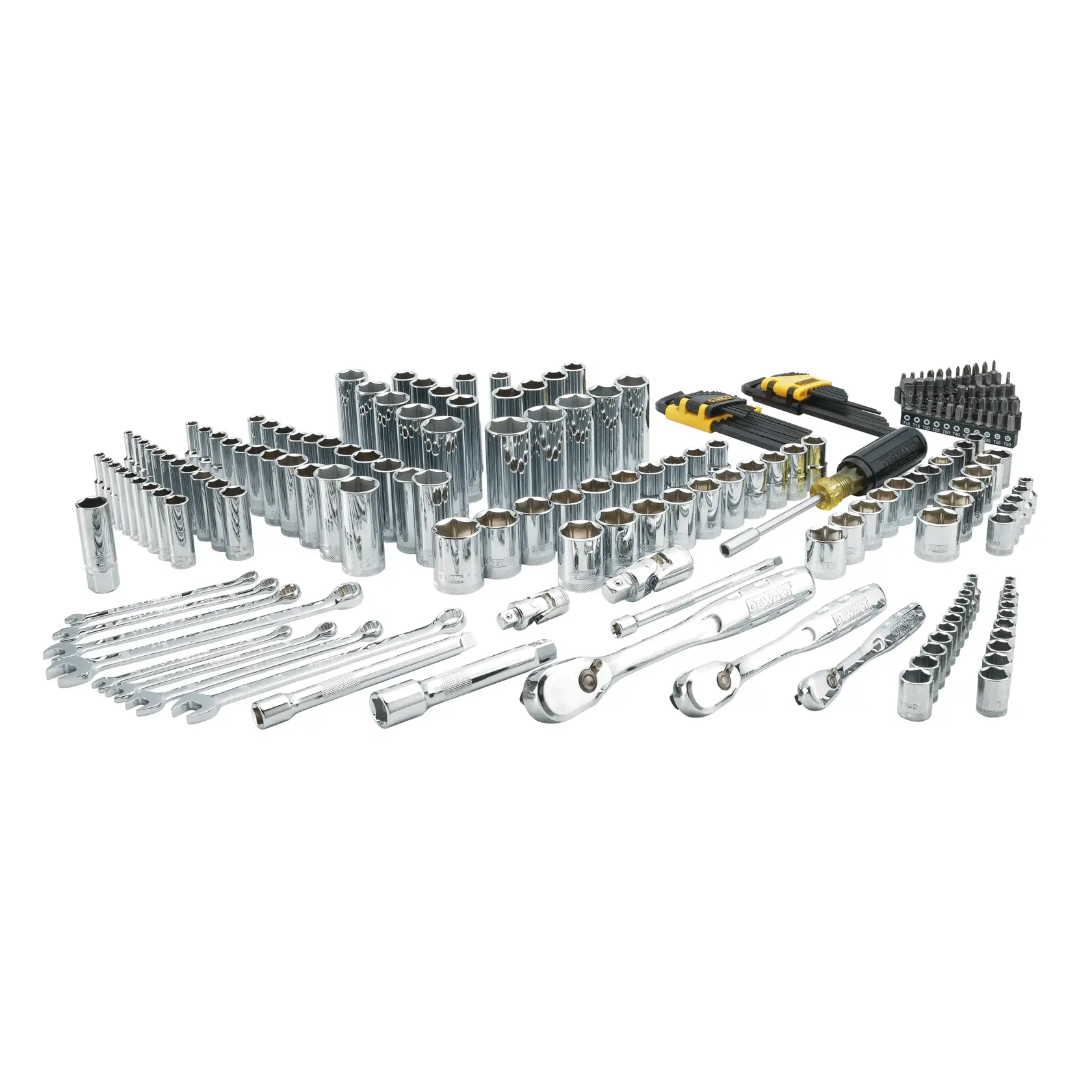 A complete DEWALT socket and wrench set featuring a wide assortment of chrome-finished sockets, ratchets, wrenches, screwdriver bits, and accessories neatly arranged on a white background.