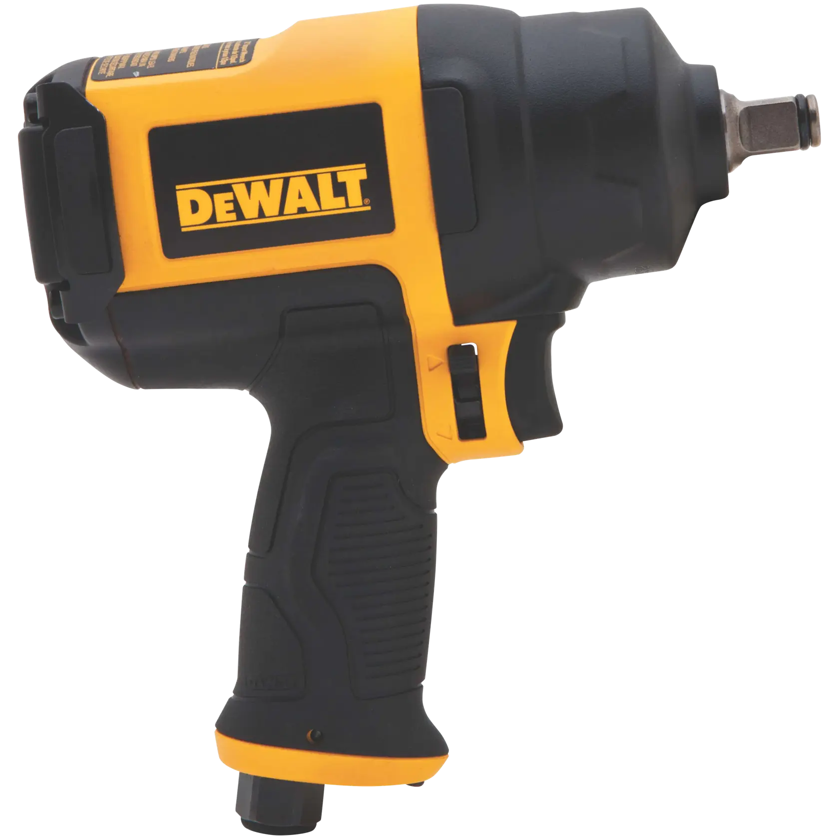 A DEWALT branded pneumatic impact wrench with a yellow and black body, shown in a side profile view.