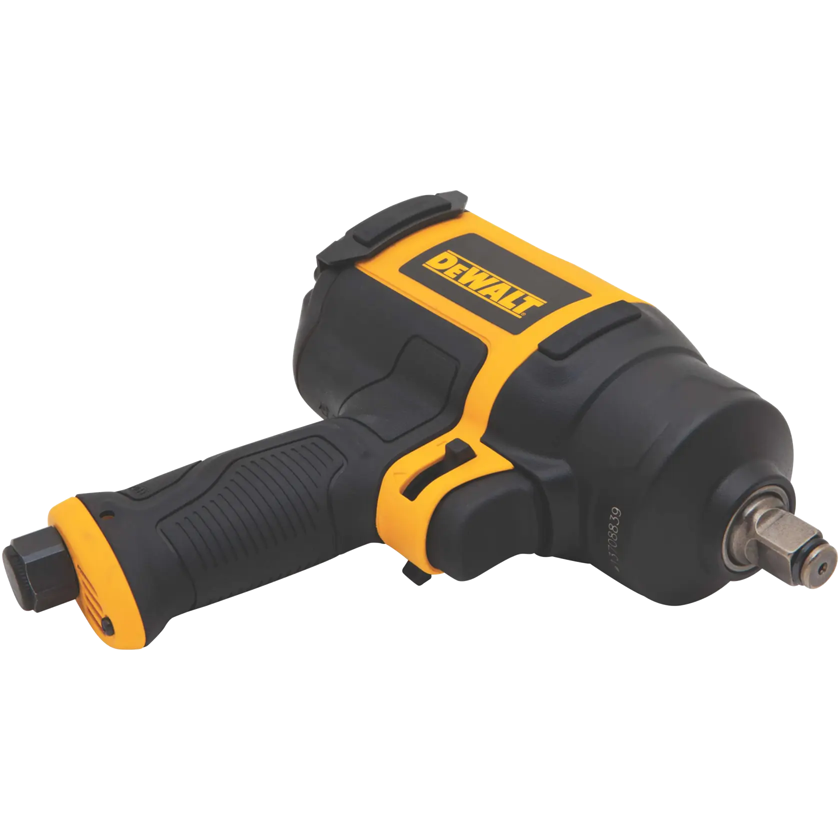 A DEWALT DWMT70773L pneumatic impact wrench, featuring a black and yellow ergonomic design with a textured grip and metal drive shaft.
