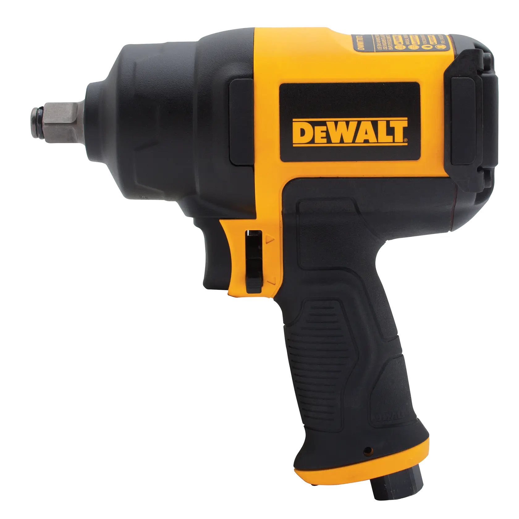 A DEWALT branded pneumatic impact wrench with a black and yellow design, showing the side view of the tool.