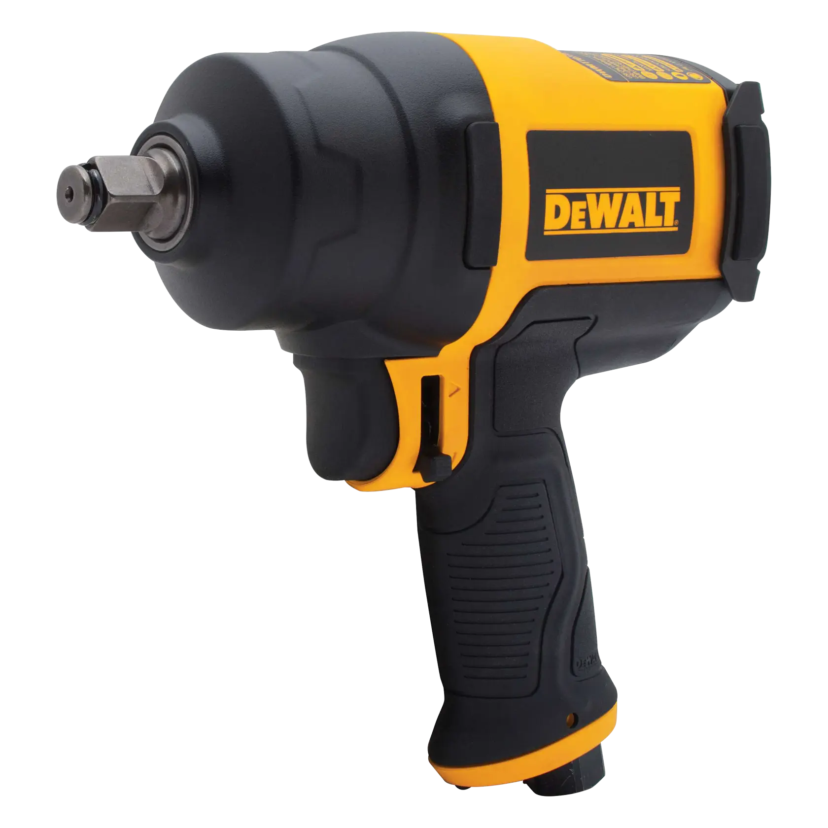 A DEWALT pneumatic impact wrench with a black and yellow design, featuring a textured ergonomic handle and a DEWALT logo on the side.
