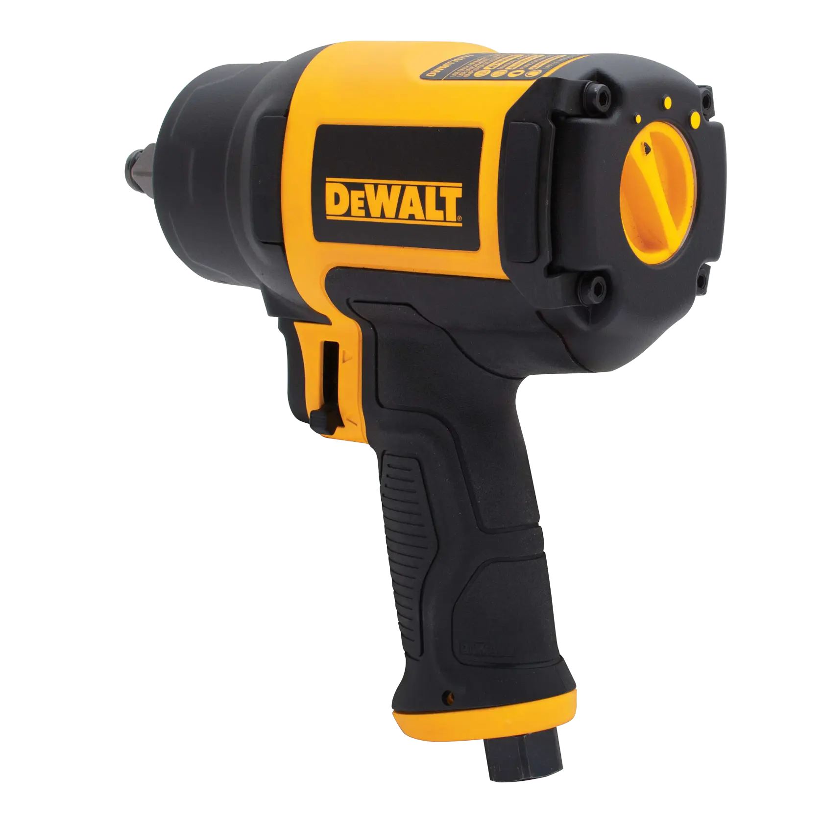 A DEWALT-branded pneumatic impact wrench with a yellow and black ergonomic handle, suitable for heavy-duty fastening tasks.