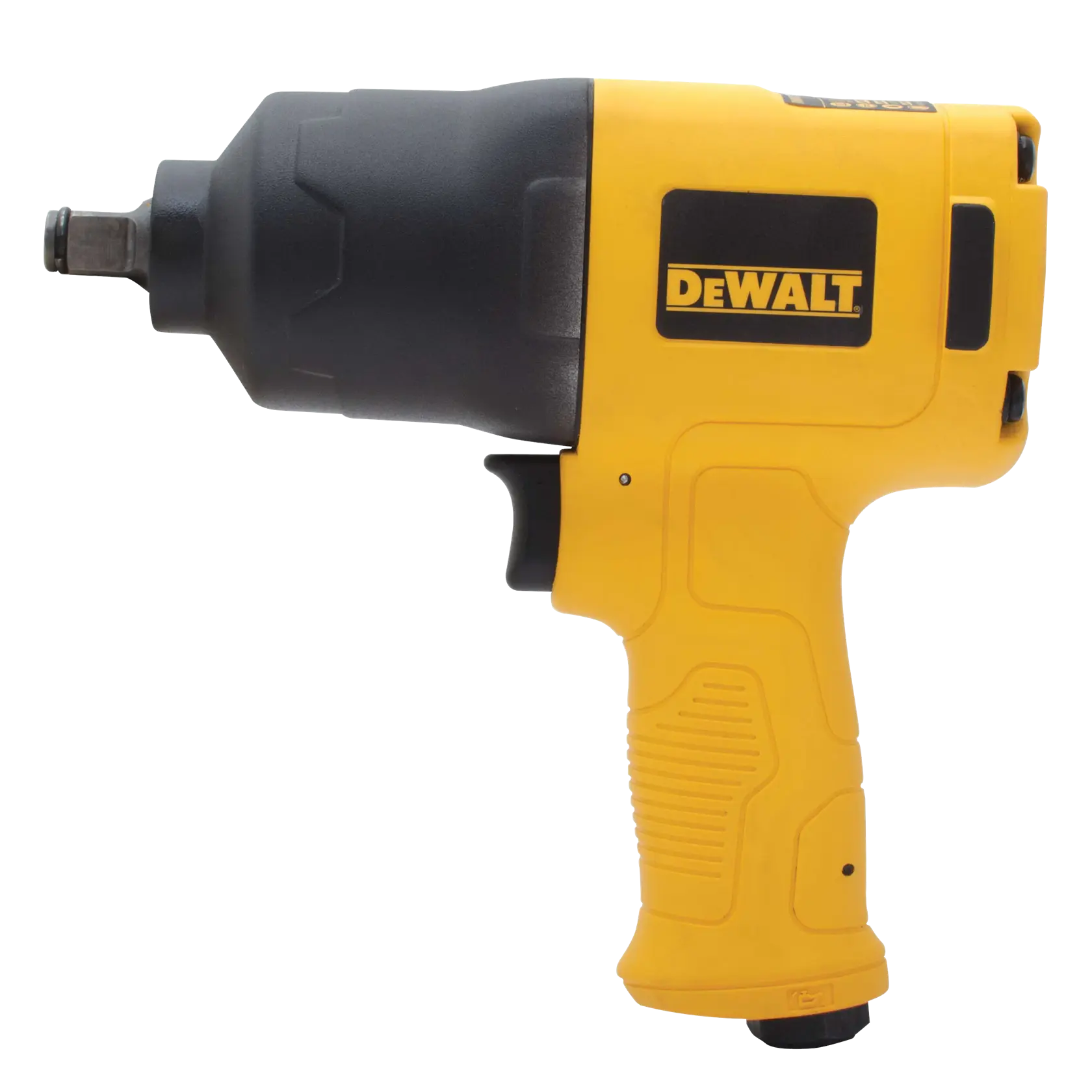 A yellow and black DEWALT branded air impact wrench with a textured handle and a trigger, shown from the side.