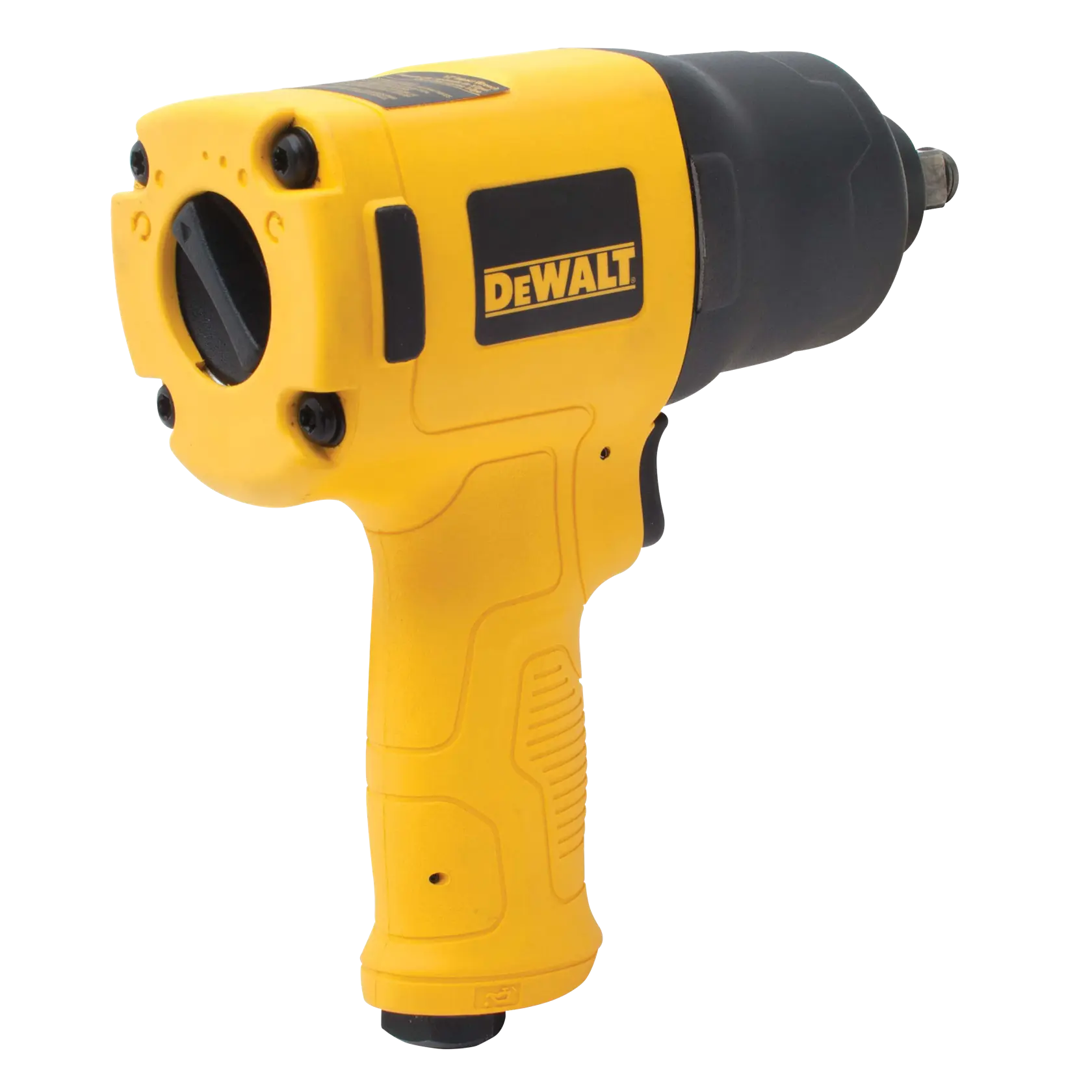 A yellow and black DEWALT pneumatic impact wrench with a pistol-style grip, shown isolated on a white background.