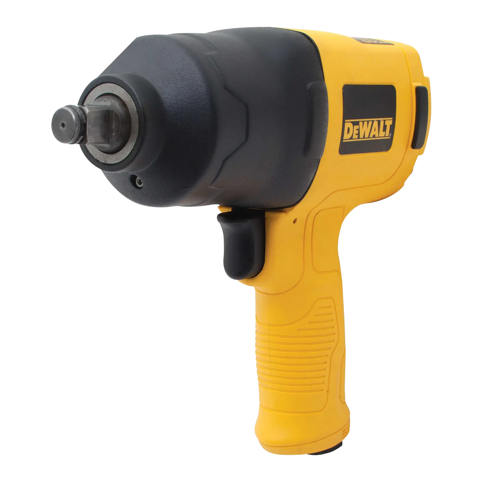 A DEWALT branded yellow and black pneumatic impact wrench is shown. The tool has a compact design with a comfortable handle, trigger, and a metal drive shaft at the front.