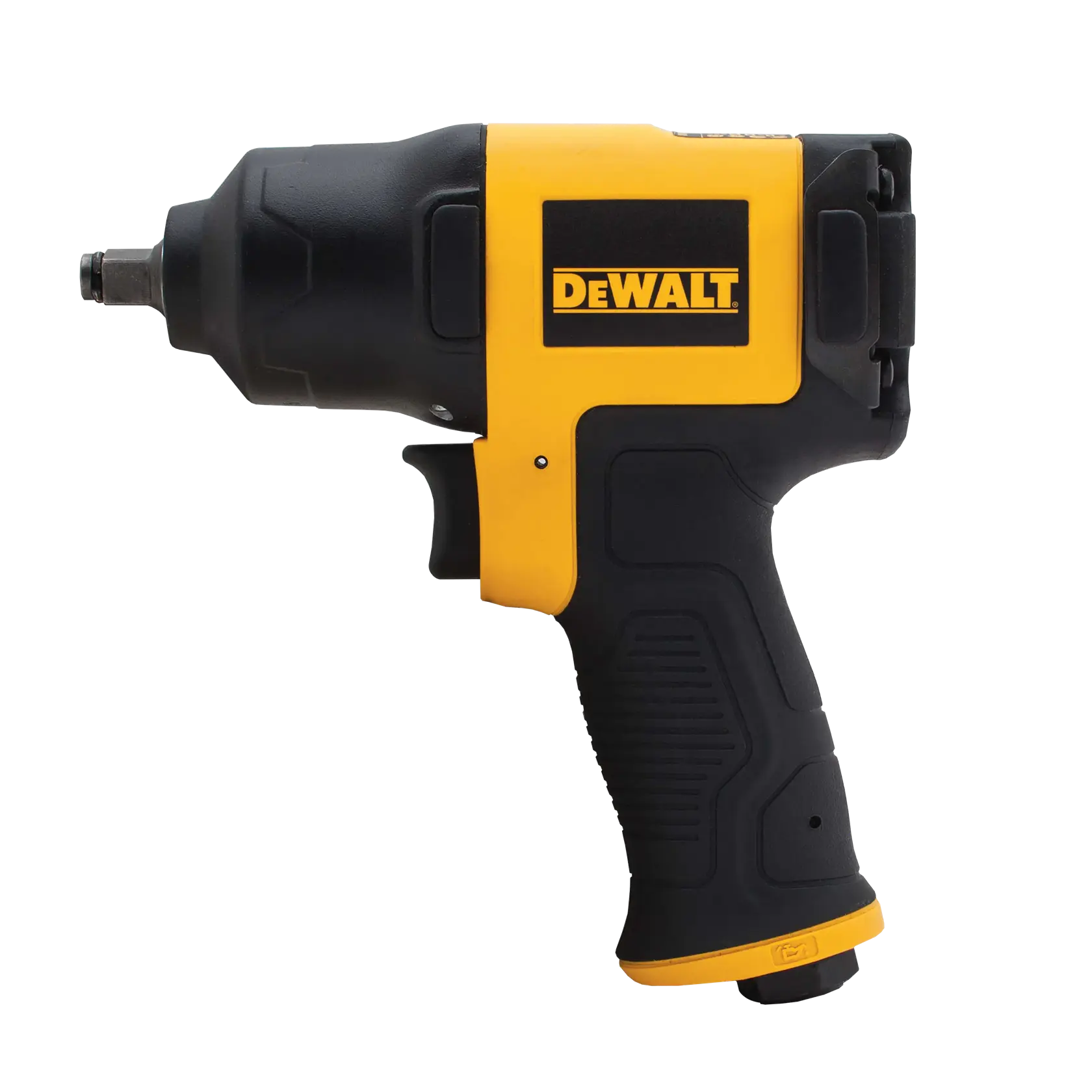 A DEWALT branded impact wrench, featuring a yellow and black ergonomic design, shown from the side against a white background.