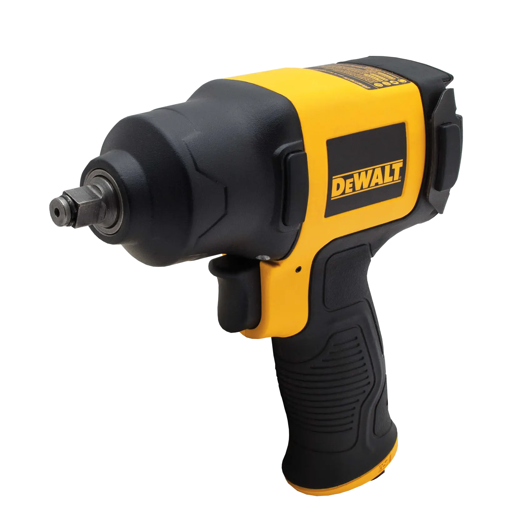 A DEWALT pneumatic impact wrench, model DWMT70775, with a yellow and black ergonomic handle, designed for tightening and loosening bolts.
