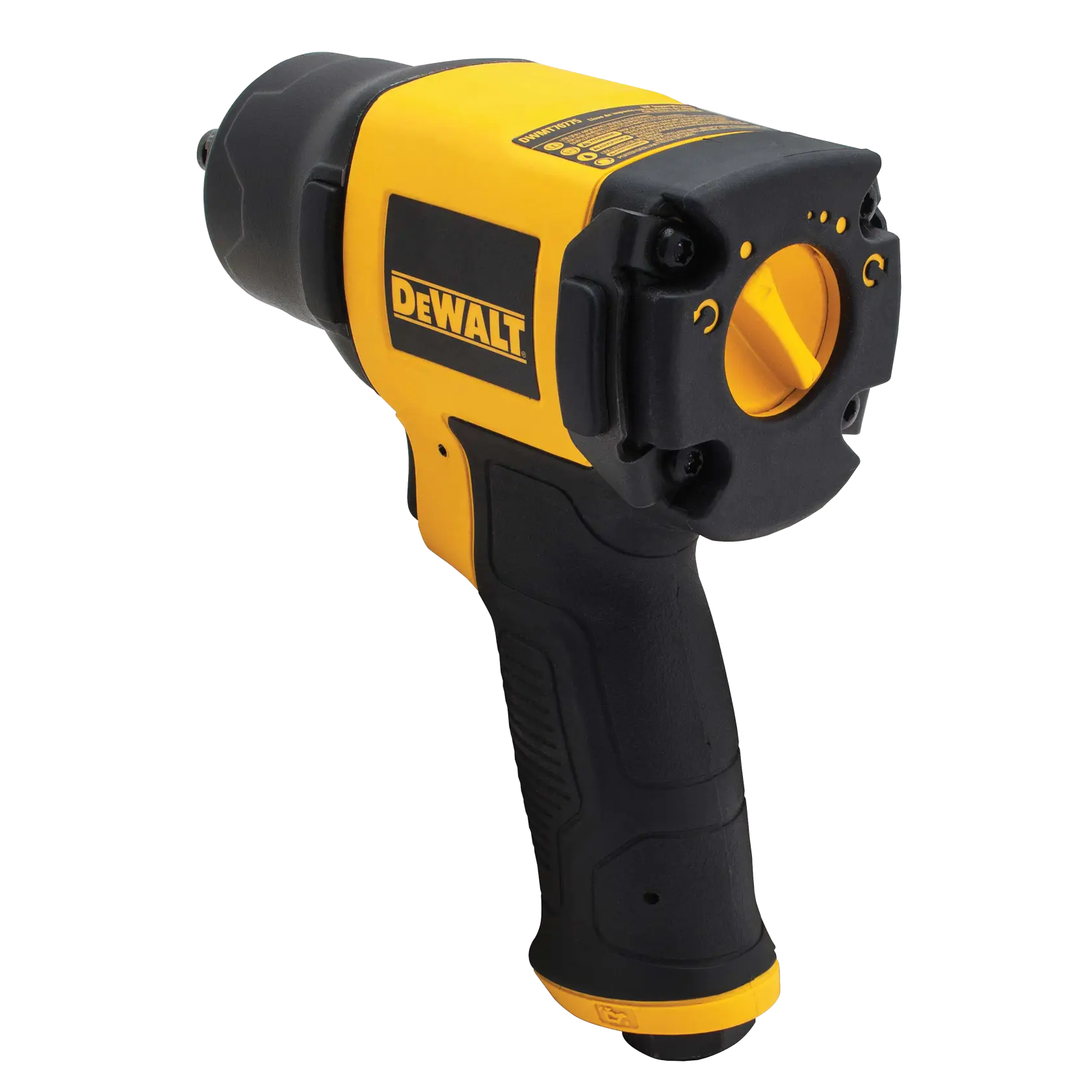 A DEWALT pneumatic impact wrench with a yellow and black body, featuring a comfortable grip handle and a robust front housing designed for heavy-duty tasks.