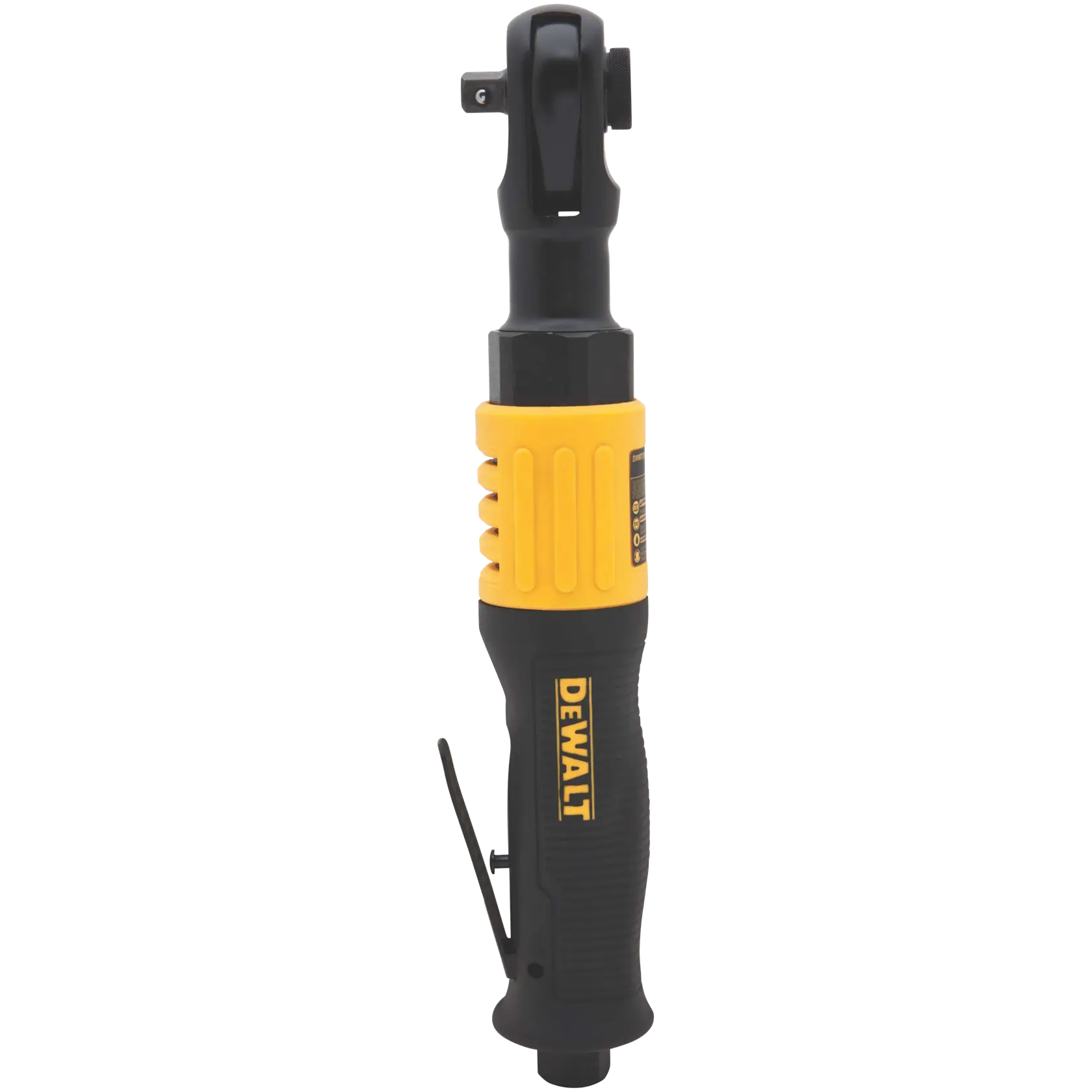 A DEWALT DWMT70776 pneumatic ratchet wrench tool with a black and yellow handle and a metal head, designed for automotive and mechanical applications.