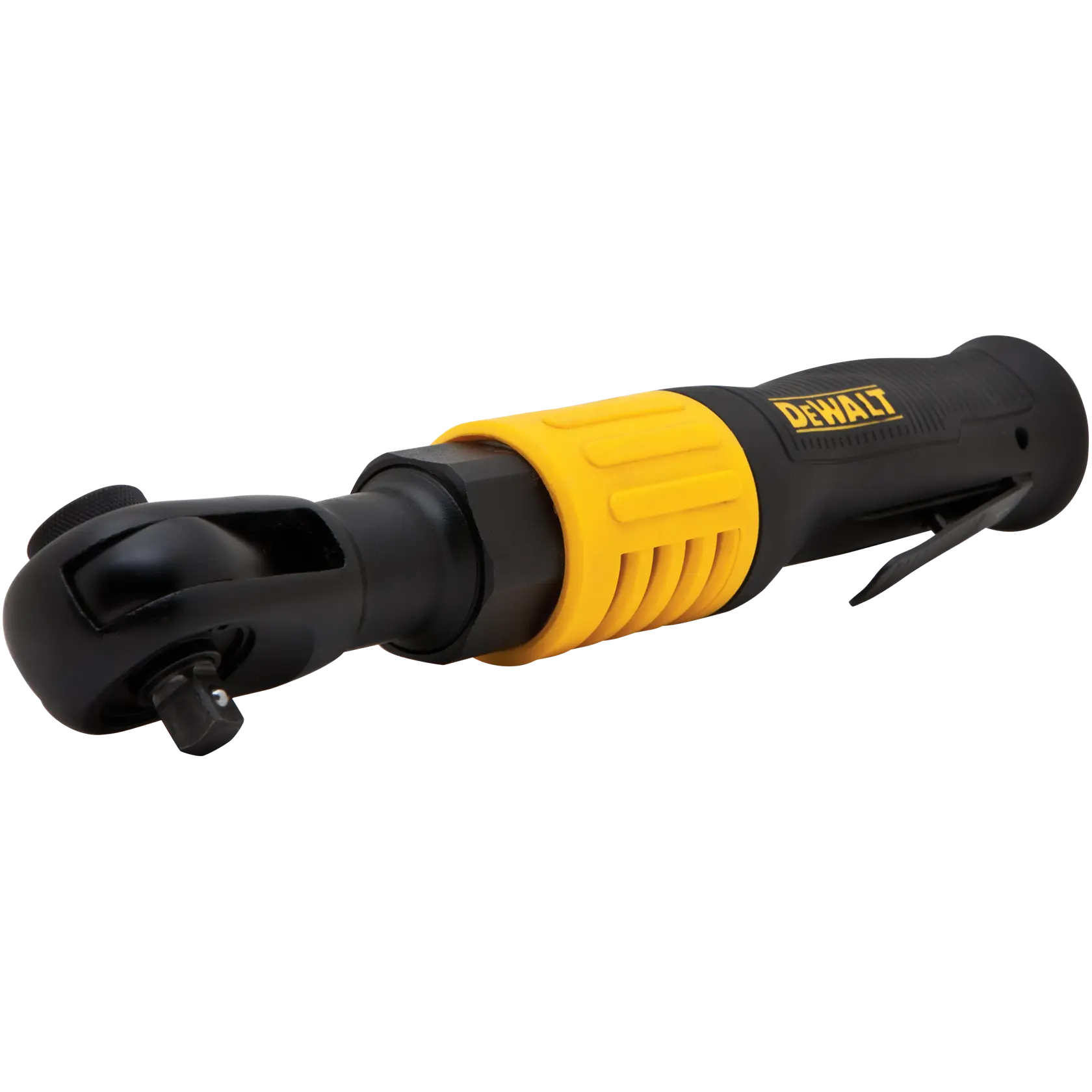 A DEWALT pneumatic ratchet wrench with a black and yellow handle, shown isolated on a white background.