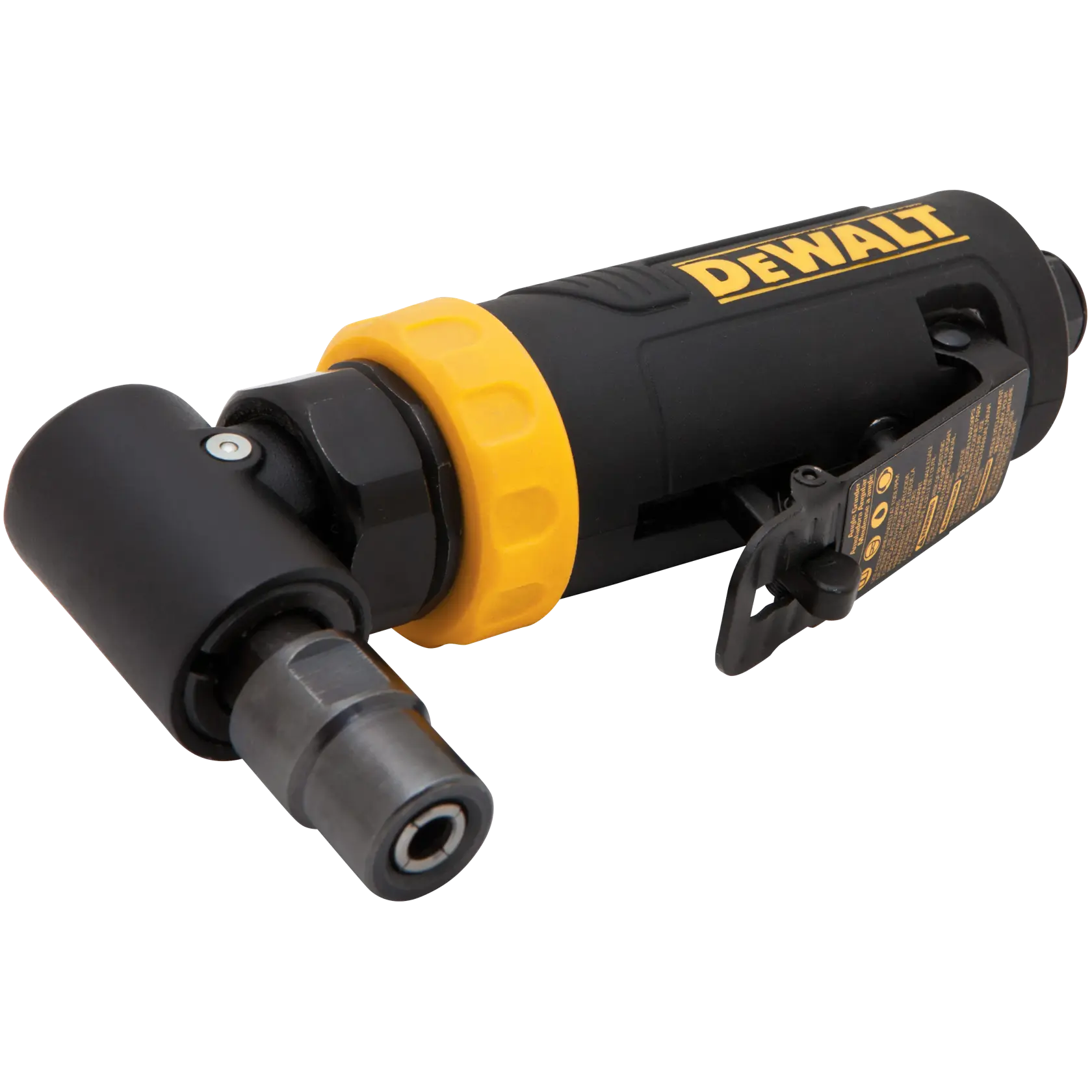 A DEWALT pneumatic angle die grinder, model DWMT70782, featuring a black and yellow design, shown on a white background.