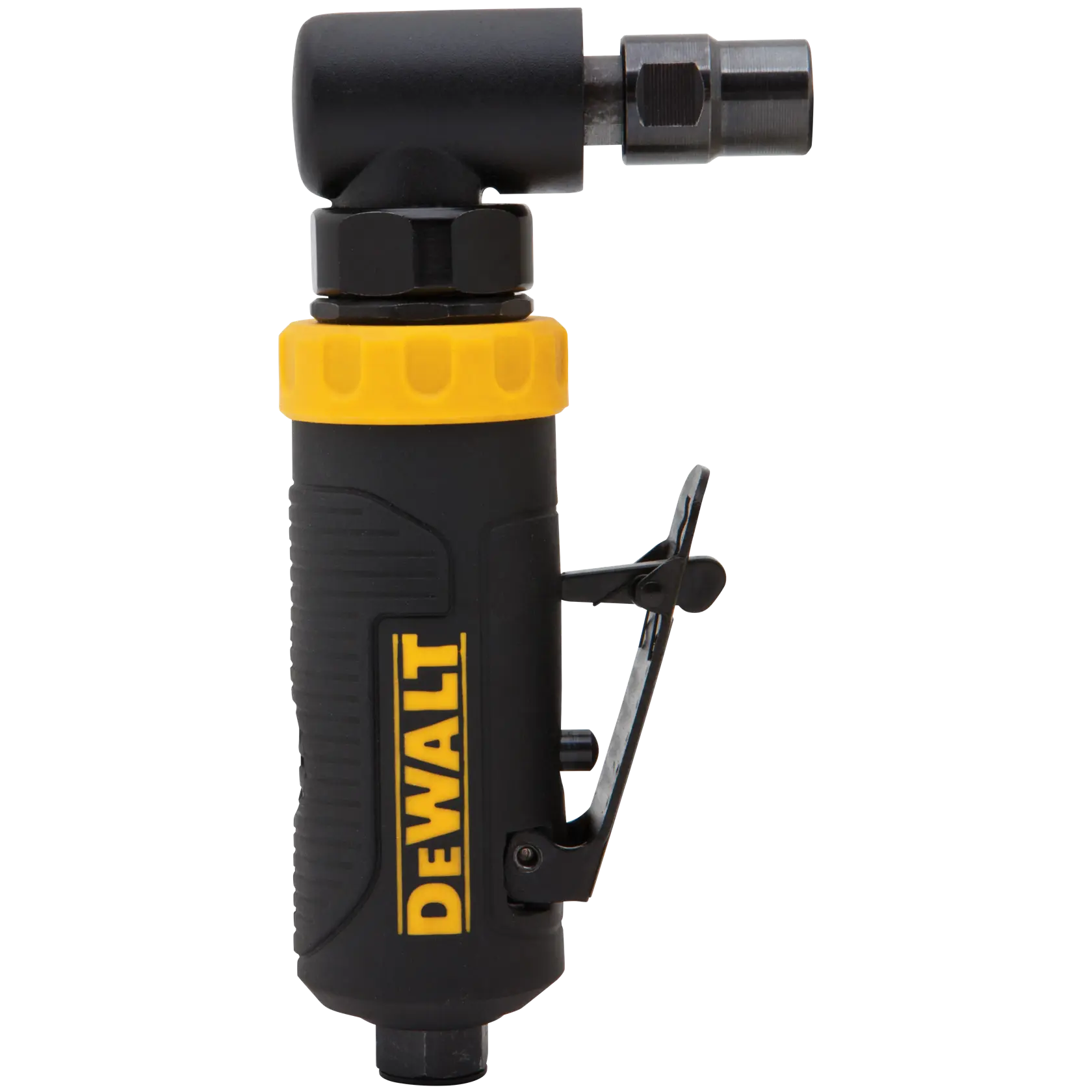 A DEWALT branded pneumatic angle die grinder, shown upright with a yellow and black body and metal components.
