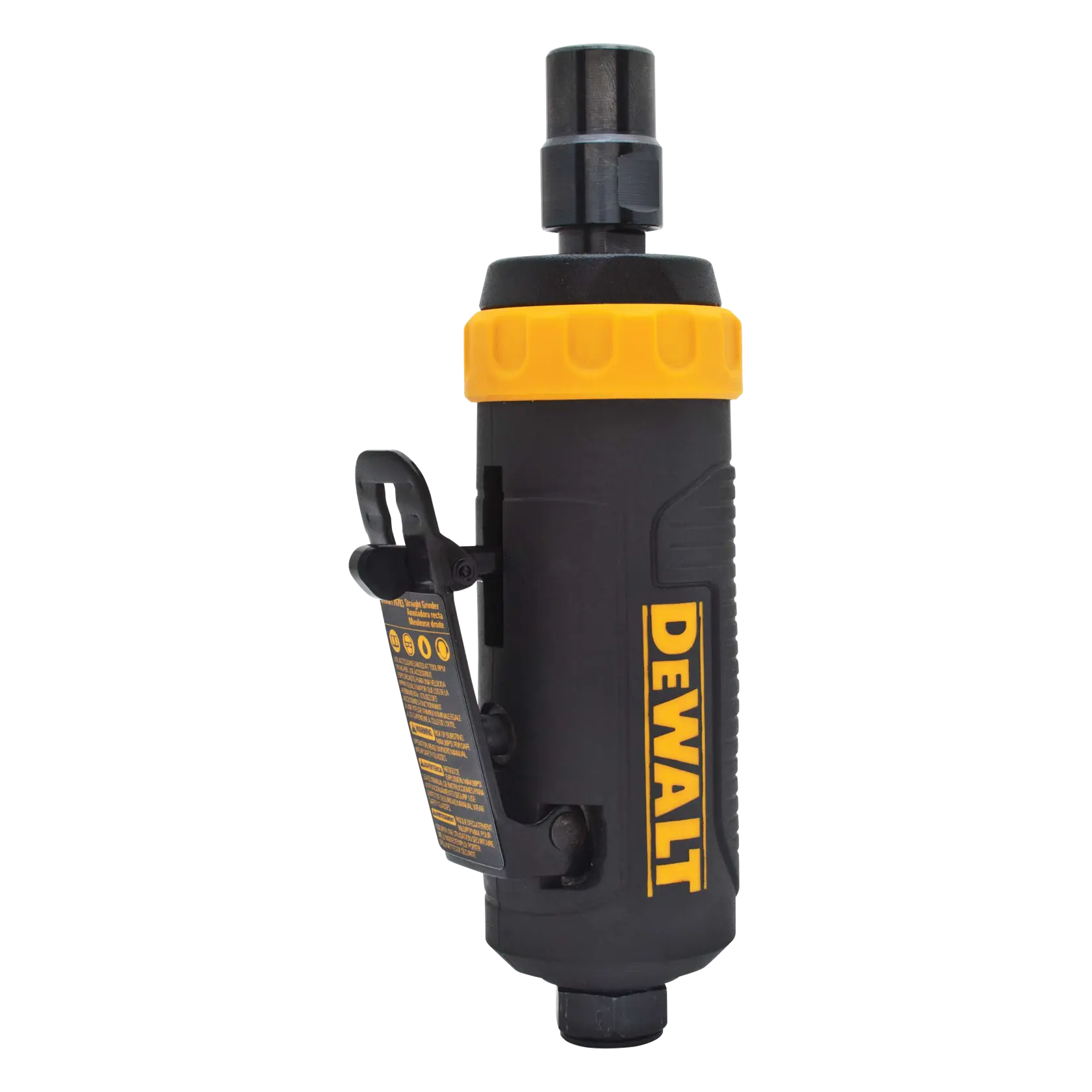 A DEWALT pneumatic die grinder with a black and yellow body, featuring a side lever and detailed label. The tool is designed for grinding, sanding, honing, and polishing.