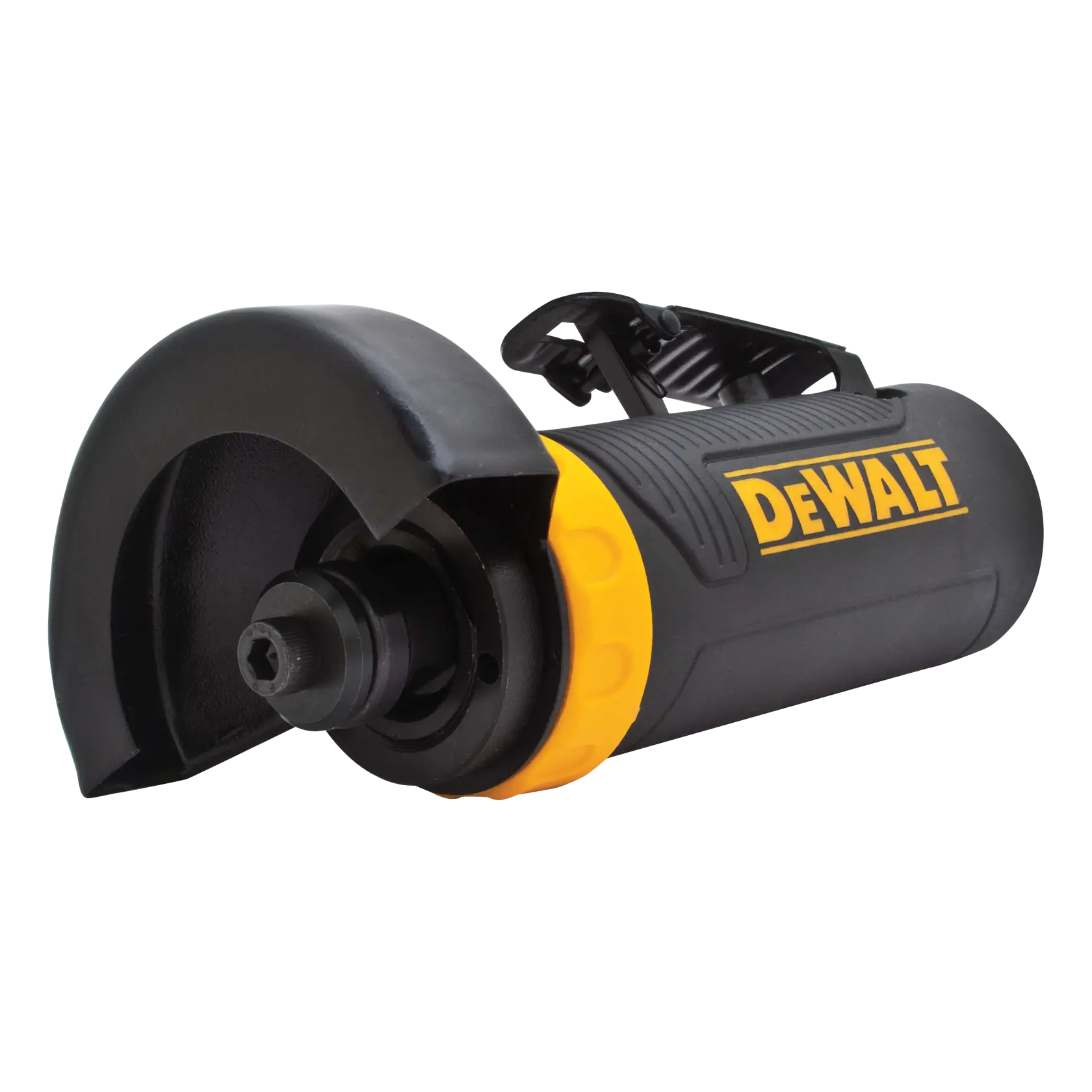 A DEWALT-branded pneumatic cut-off tool, featuring a black and yellow handle and a protective guard around the cutting area.