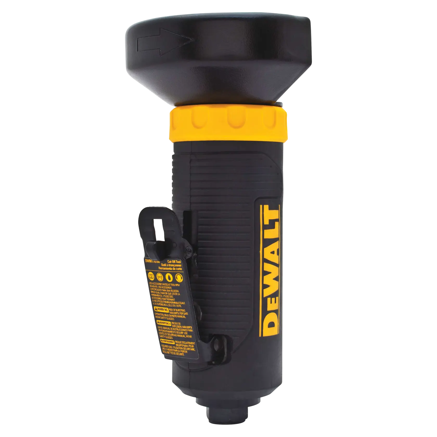A DEWALT pneumatic cut-off tool, model DWMT70784, mainly black with yellow accents and DEWALT branding, designed for professional cutting tasks.