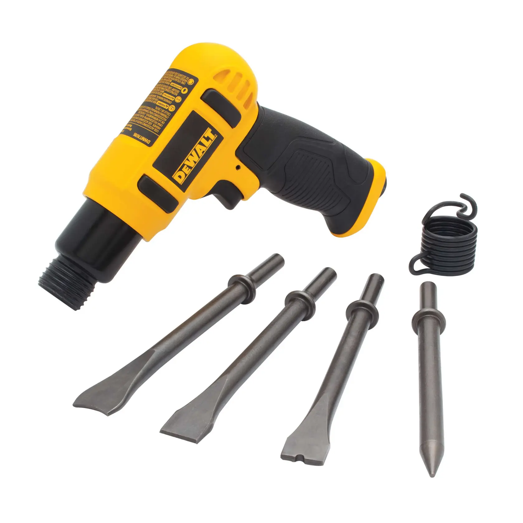 A DEWALT air hammer tool with a yellow and black handle, shown with four interchangeable chisel attachments and a coil spring accessory.