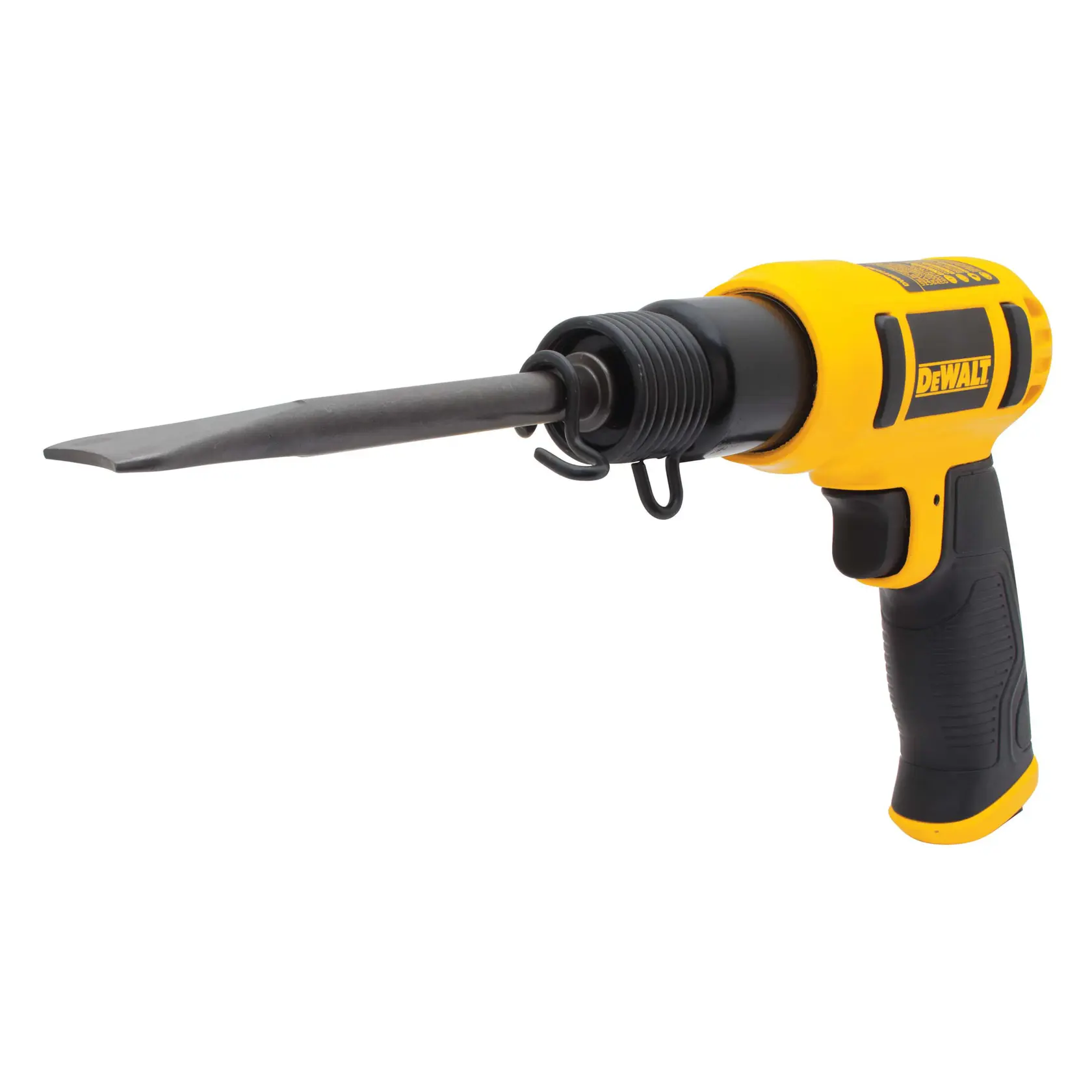 A DEWALT air chisel tool with a yellow and black handle, featuring a flat chisel attachment. The model number is DWMT70785.