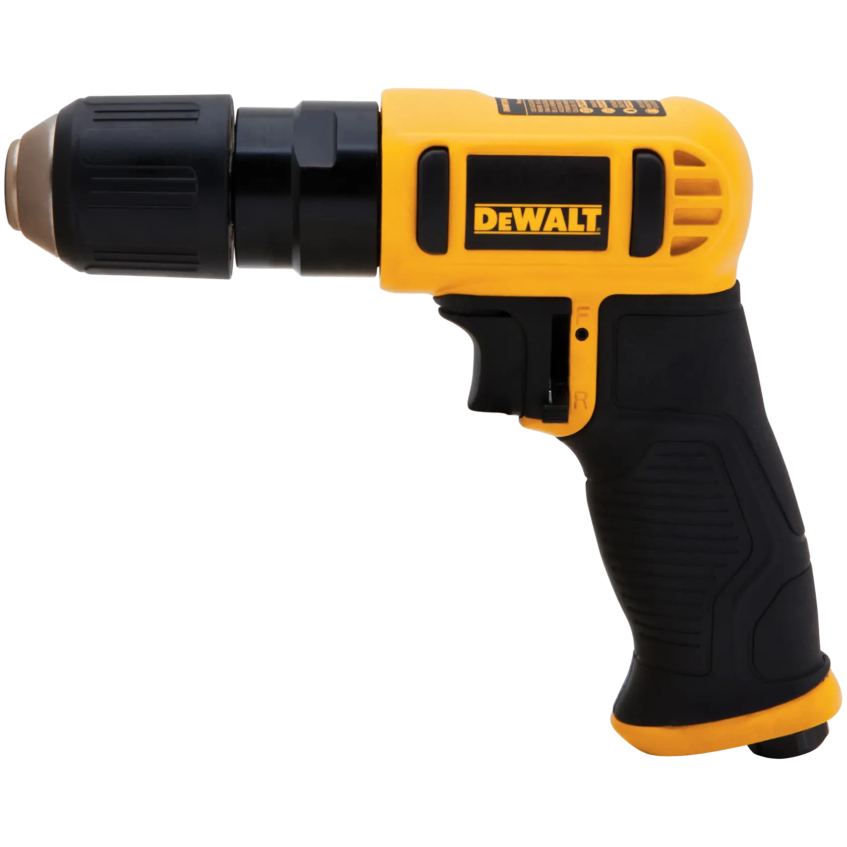 A DEWALT pneumatic drill with a yellow and black body and ergonomic grip, shown against a white background.