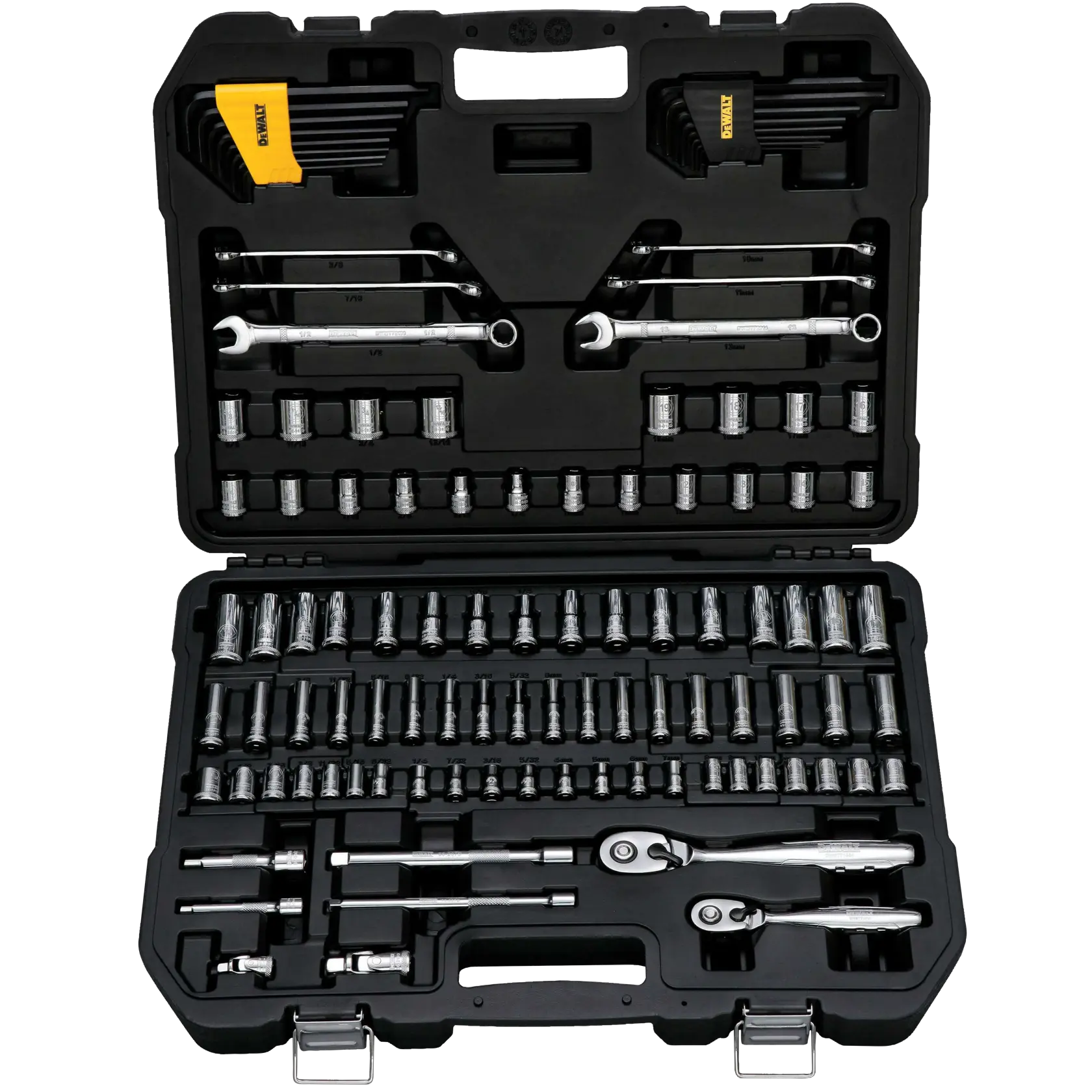 A DEWALT branded black hard plastic tool case containing a socket and ratchet set. The case is open, showing various sockets, ratchet wrenches, combination wrenches, hex keys, and extensions neatly arranged in molded compartments.