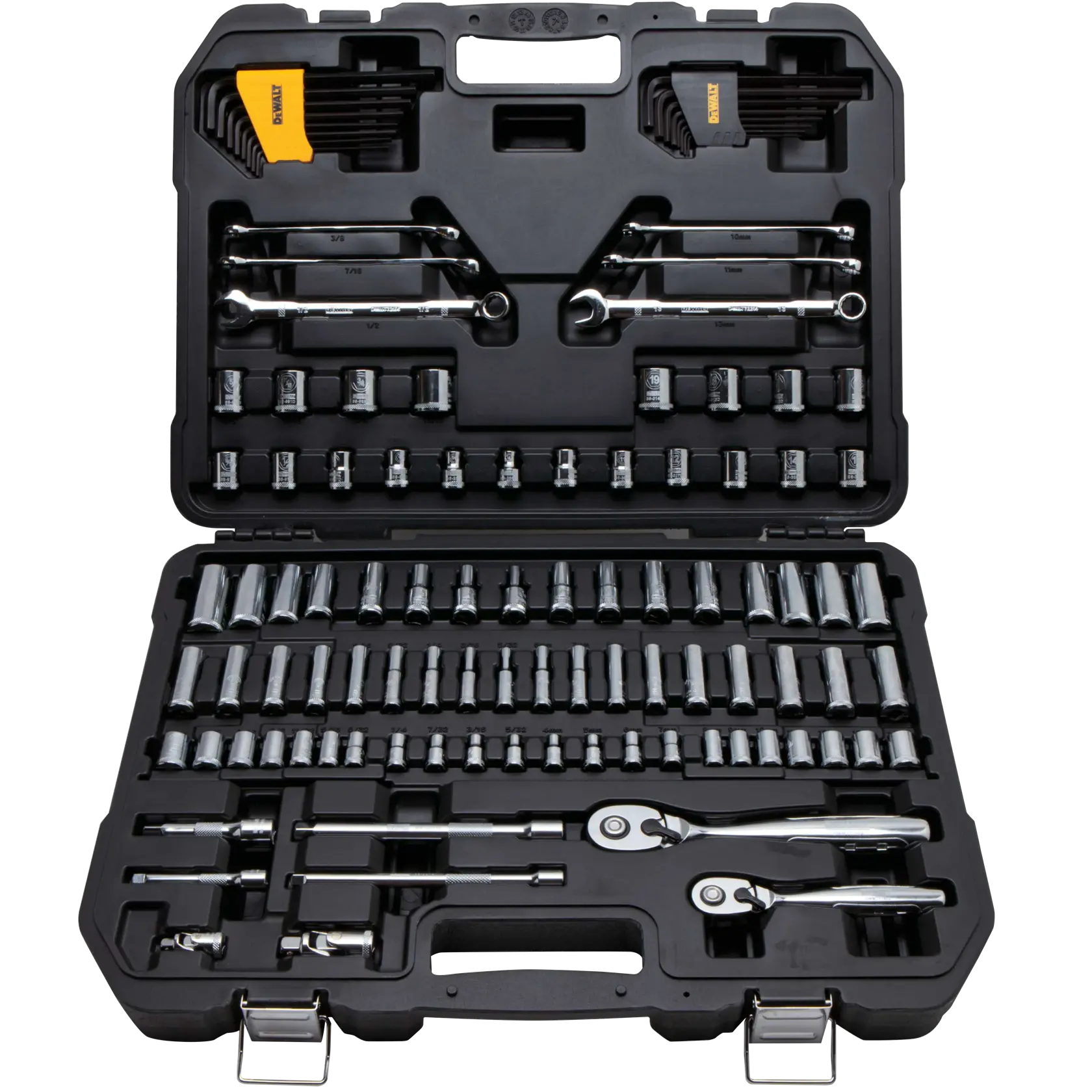 A DEWALT branded black hard case containing an organized mechanic tool set, including various sockets, ratchets, wrenches, hex keys, and extension bars. All tools are arranged neatly in molded compartments.