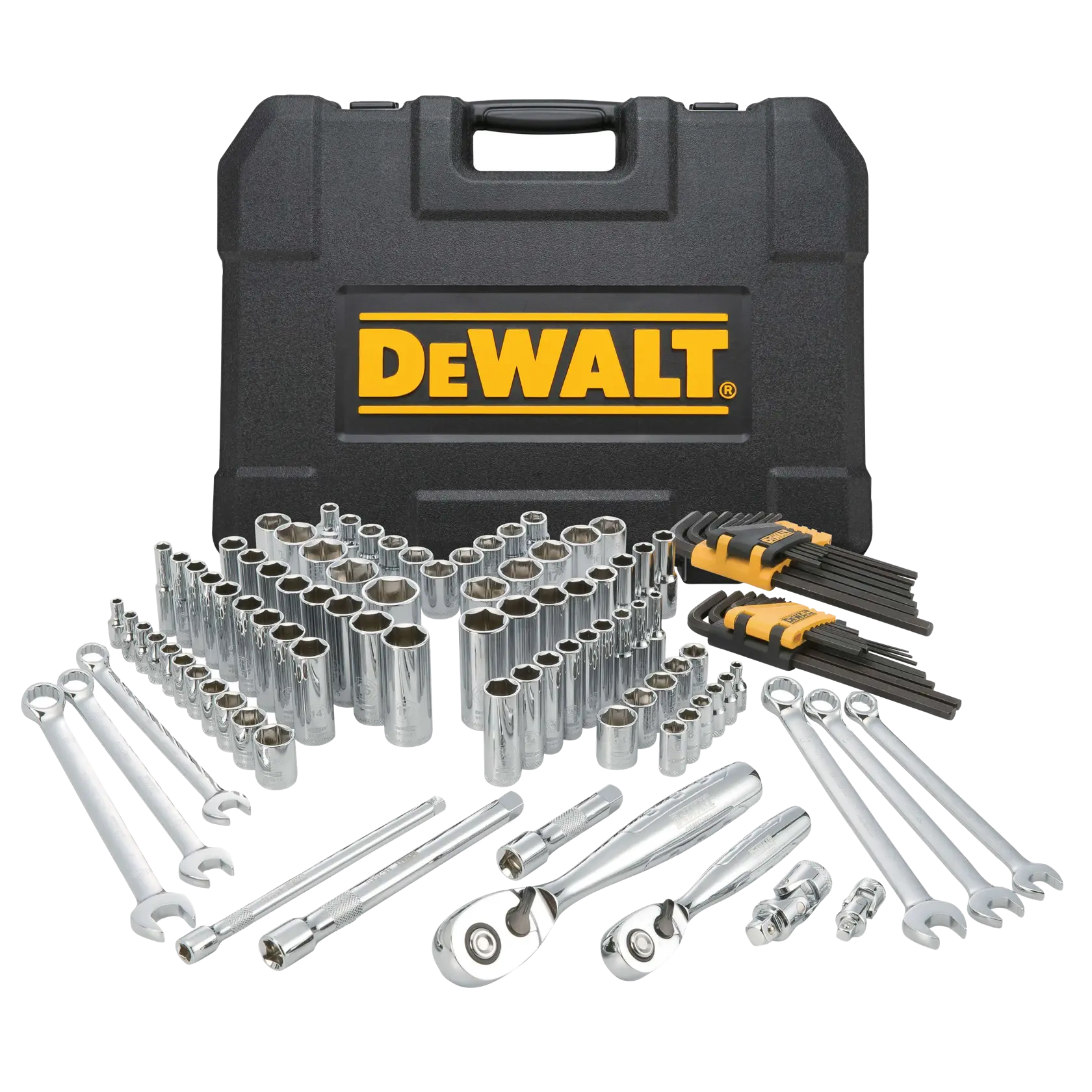 A DEWALT branded black plastic carrying case is shown behind a wide assortment of hand tools including various socket wrenches, hex keys, ratchets, extension bars, and combination wrenches, all neatly arranged in front of the case.