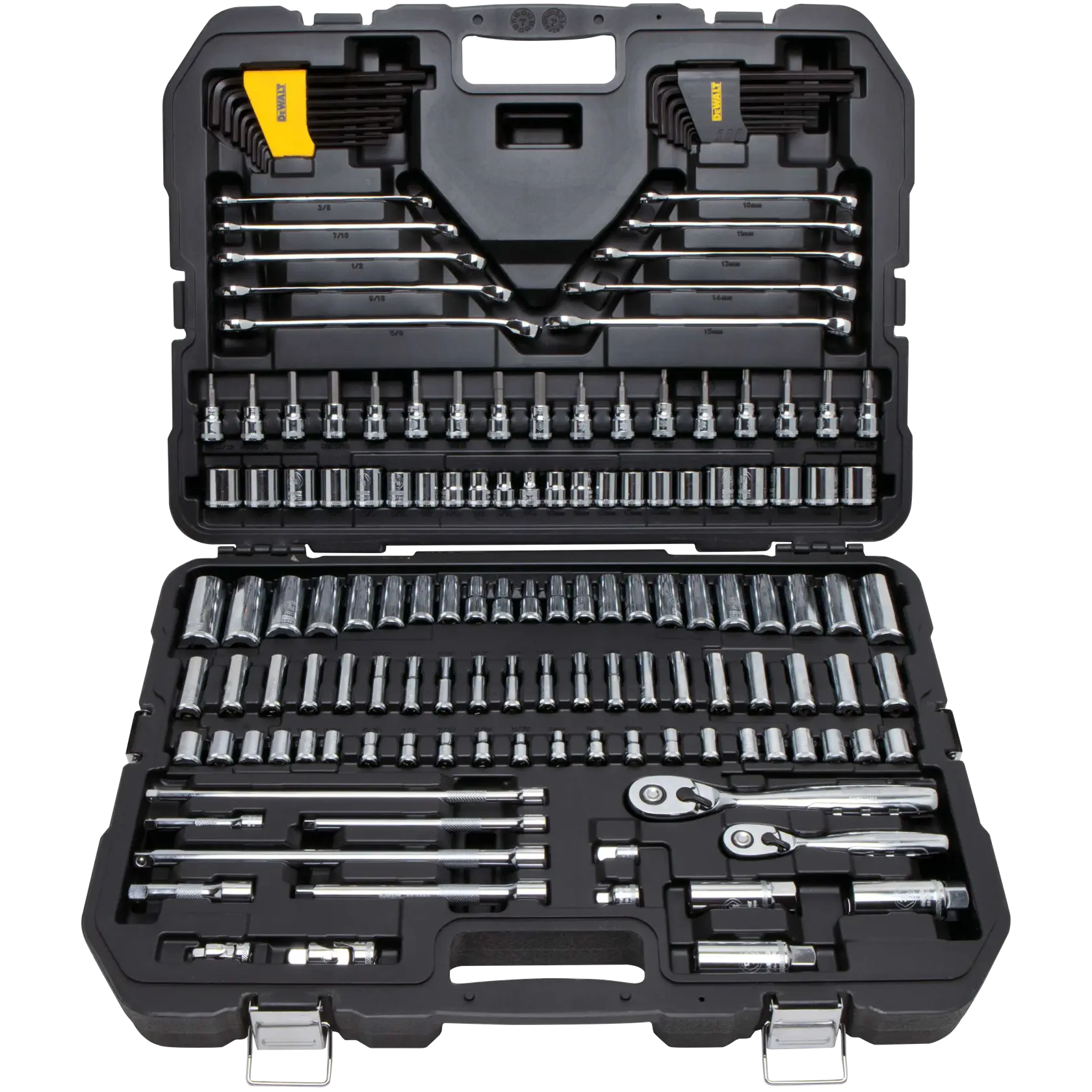 A DEWALT socket and wrench set in a black hard plastic carrying case. The case is open, displaying rows of sockets, wrenches, ratchets, and hex keys neatly organized in their designated slots.