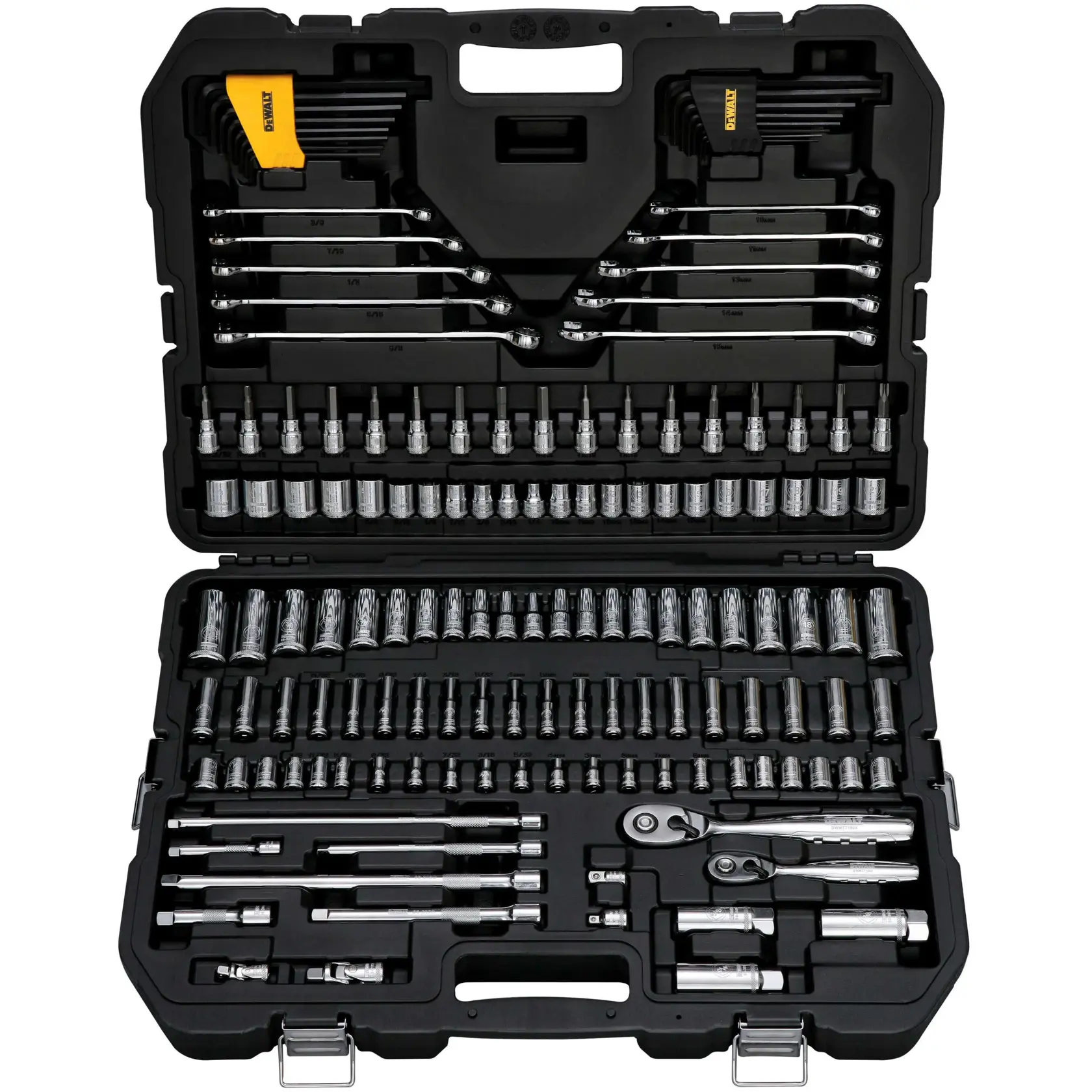 A DEWALT tool set featuring multiple wrenches, sockets, ratchets, and other hand tools organized in a black hard plastic case. The case is open, showing neatly arranged tools in individual compartments.