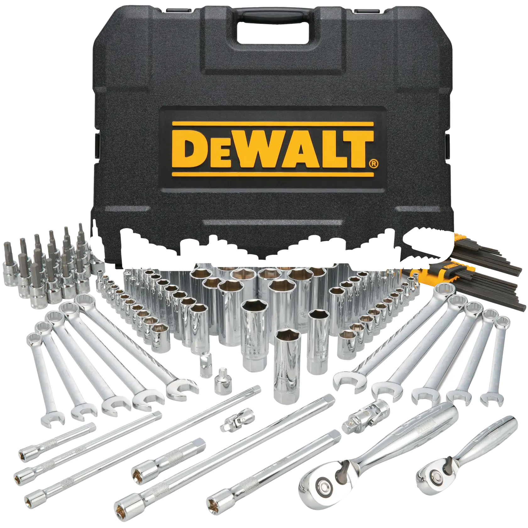A DEWALT branded black carrying case displayed behind an extensive set of silver hand tools, including ratchets, sockets, wrenches, extension bars, and hex keys, all arranged neatly for presentation.