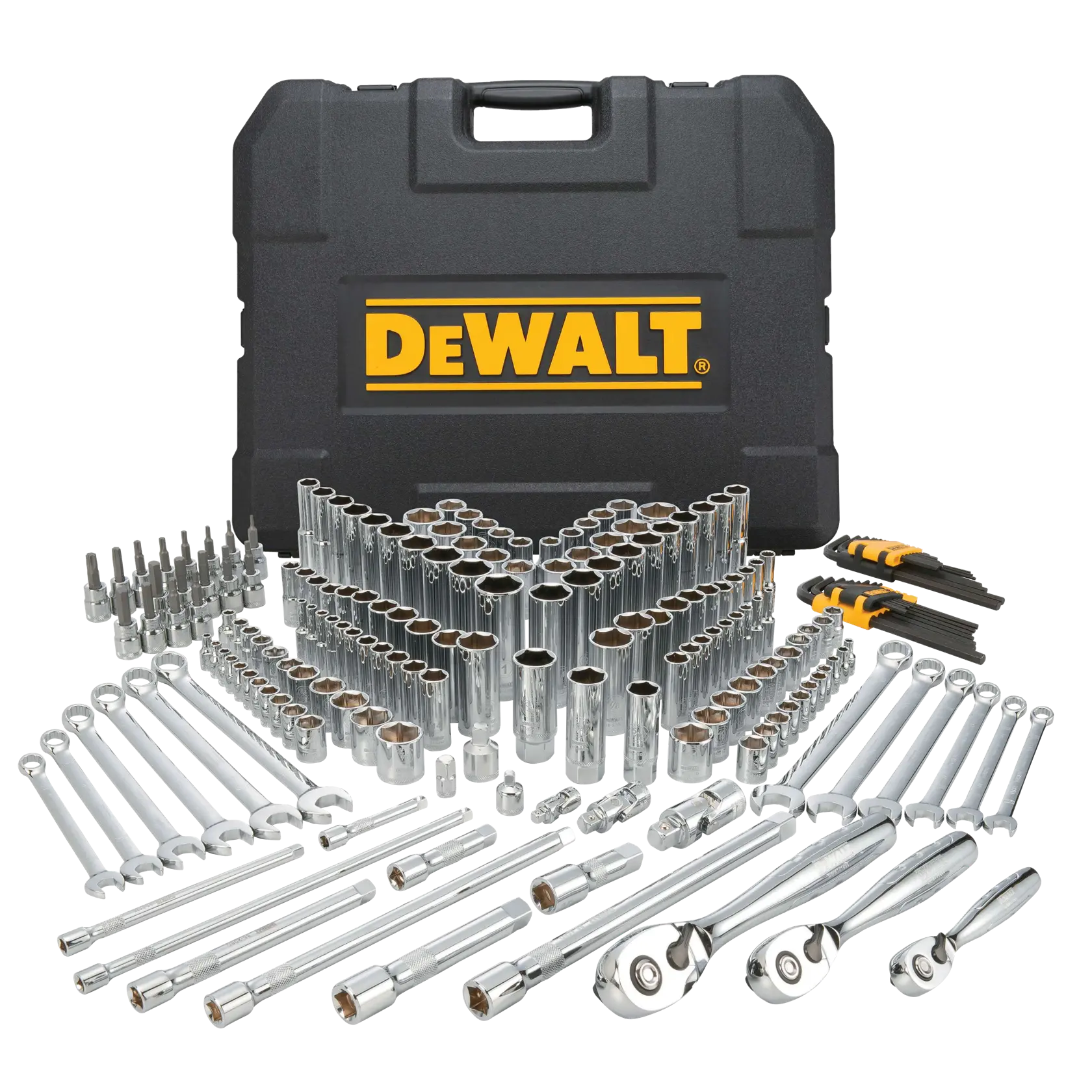A large DEWALT tool set with various socket wrenches, ratchets, hex keys, and other hand tools displayed in front of a sturdy black carrying case with the DEWALT logo.