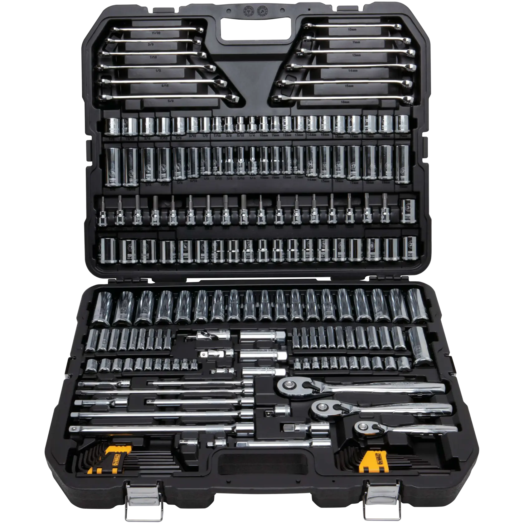 A large DEWALT mechanic tool set with multiple sockets, wrenches, ratchets, extension bars, and other tools organized in a black hard plastic carrying case.